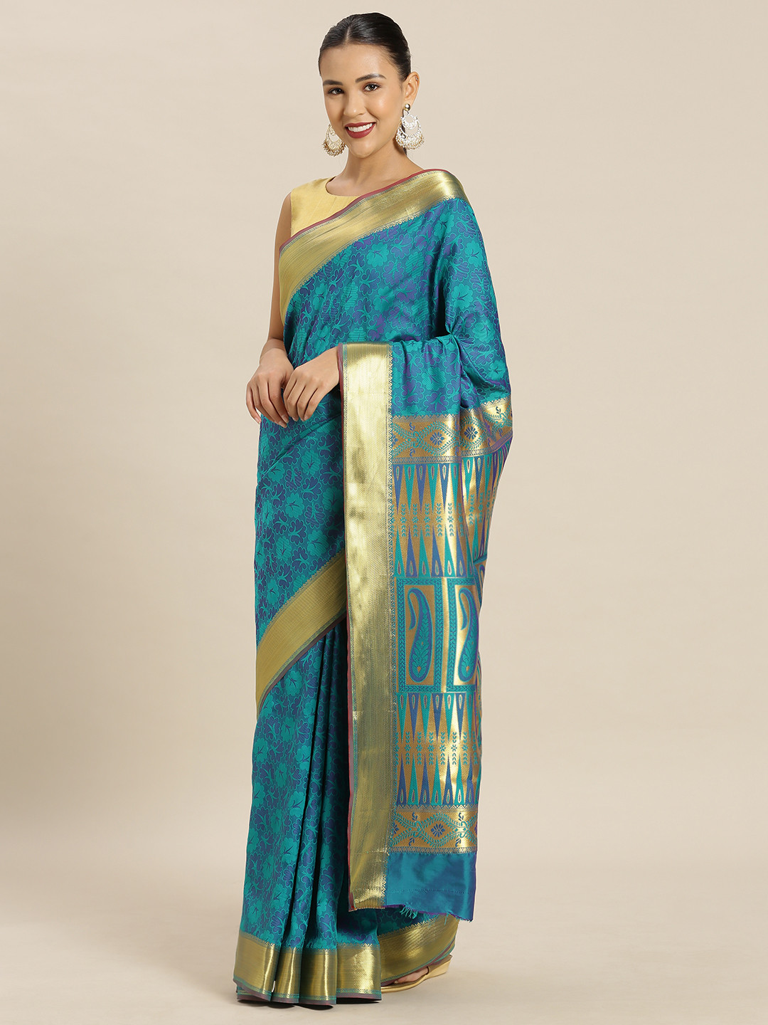 

Mitera Teal Blue Art Silk Woven Design Kanjeevaram Saree