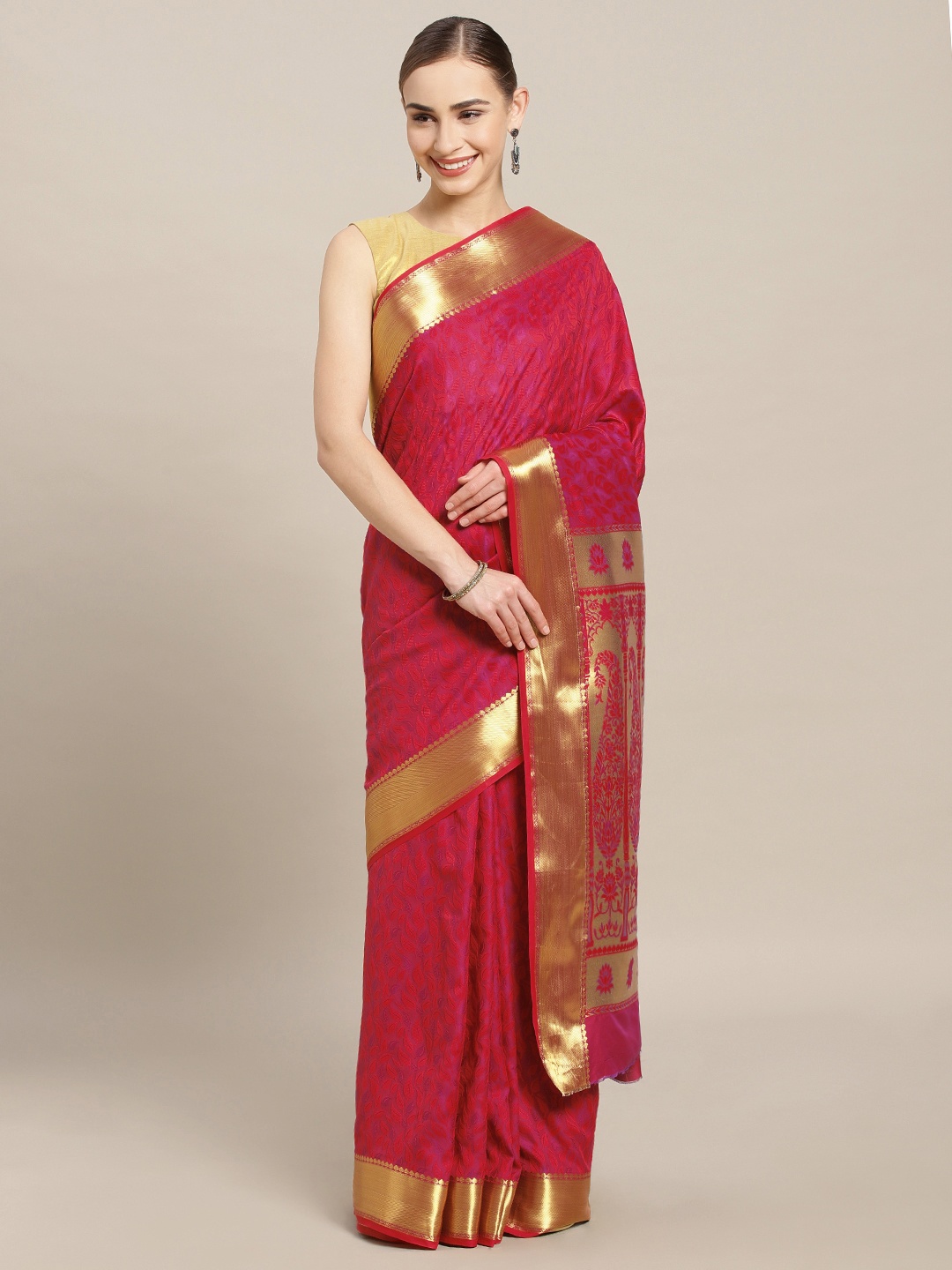 

Mitera Red & Pink Art Silk Woven Design Kanjeevaram Saree