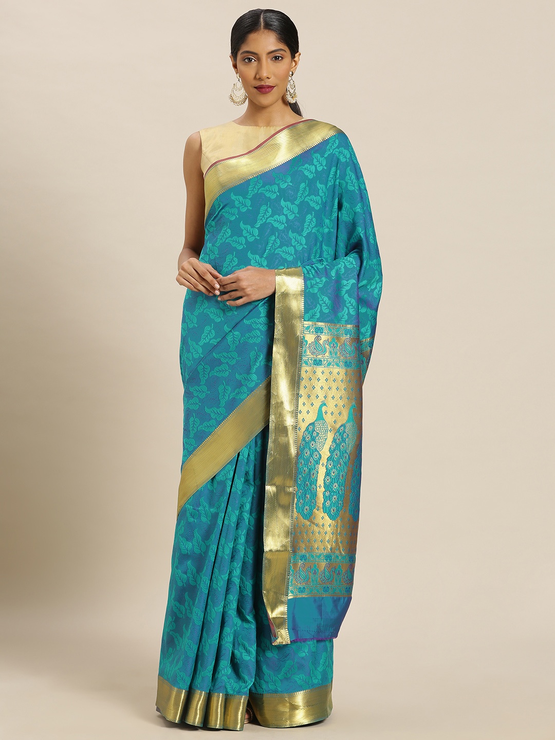 

Mitera Teal Green & Teal Blue Art Silk Woven Design Kanjeevaram Saree
