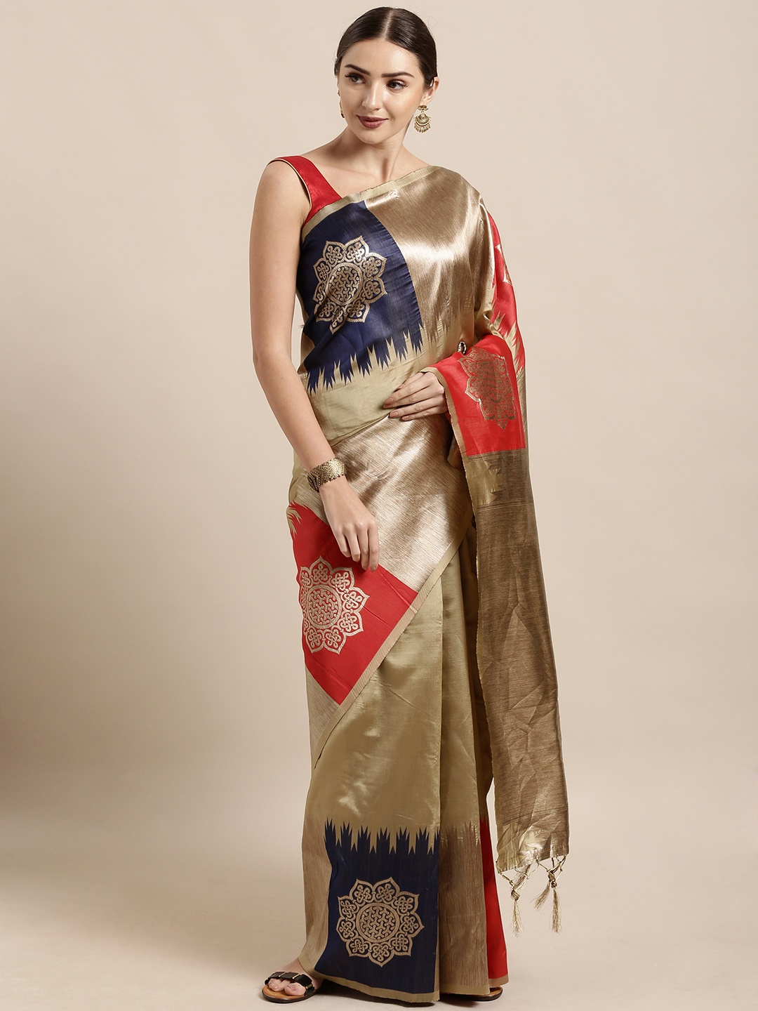 

Mitera Gold-Coloured & Red Art Silk Woven Design Banarasi Saree