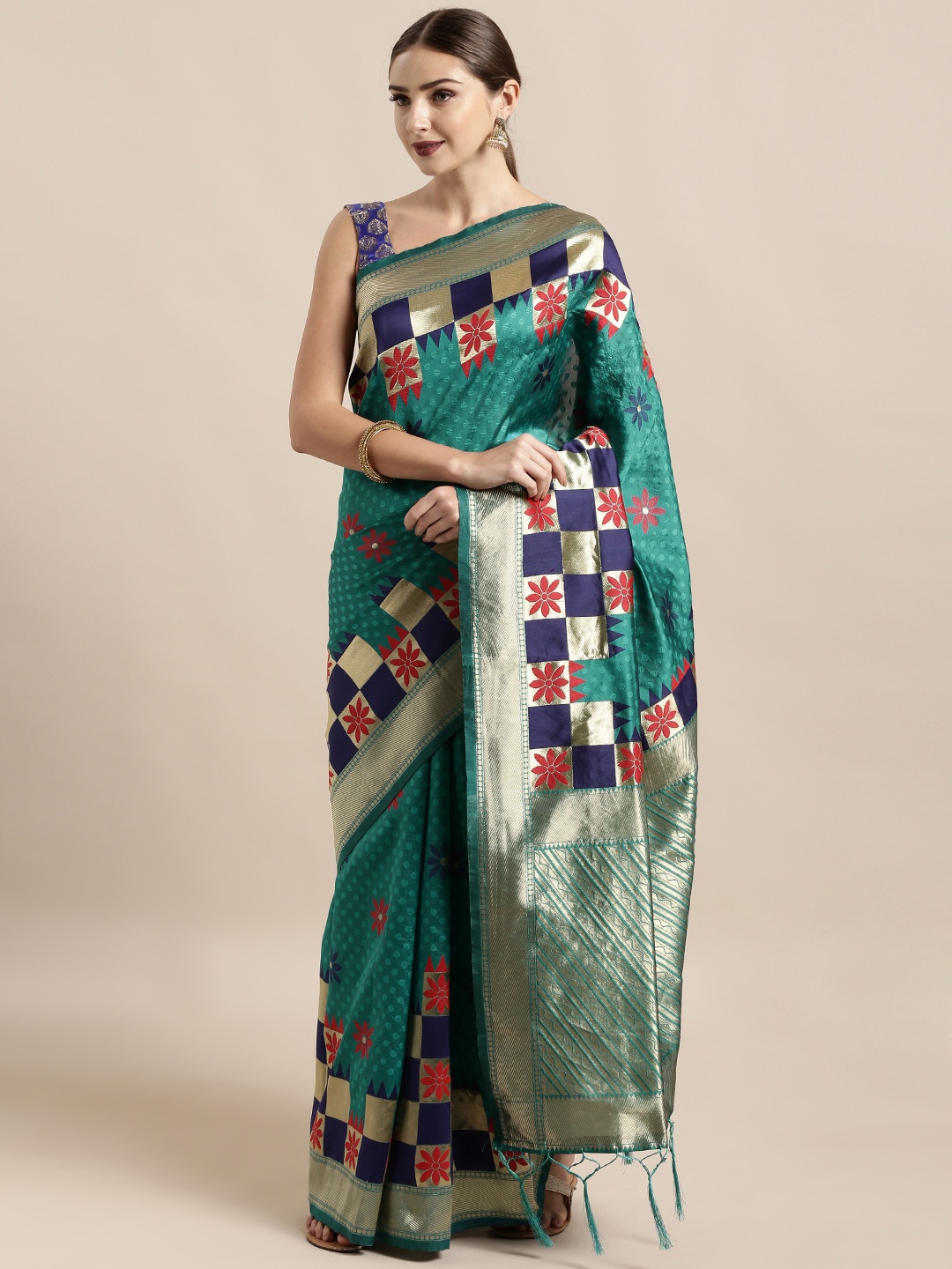 

Mitera Green & Navy Blue Art Silk Woven Design Banarasi Saree
