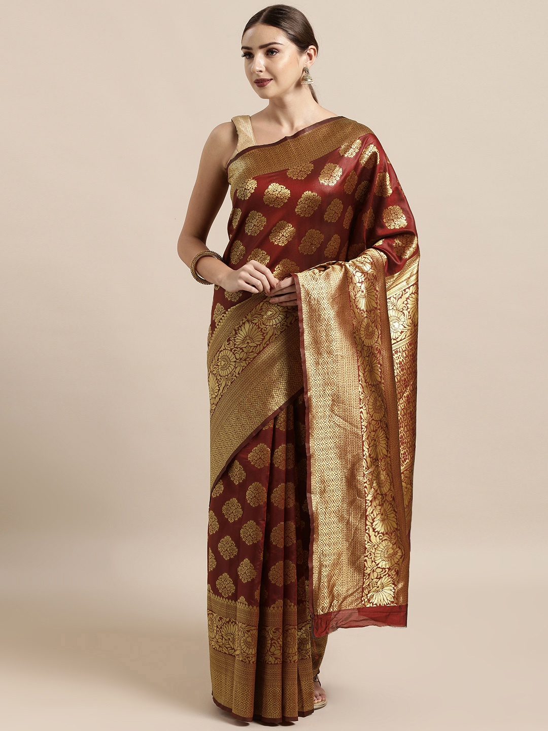 

Mitera Maroon & Gold-Toned Art Silk Woven Design Banarasi Saree