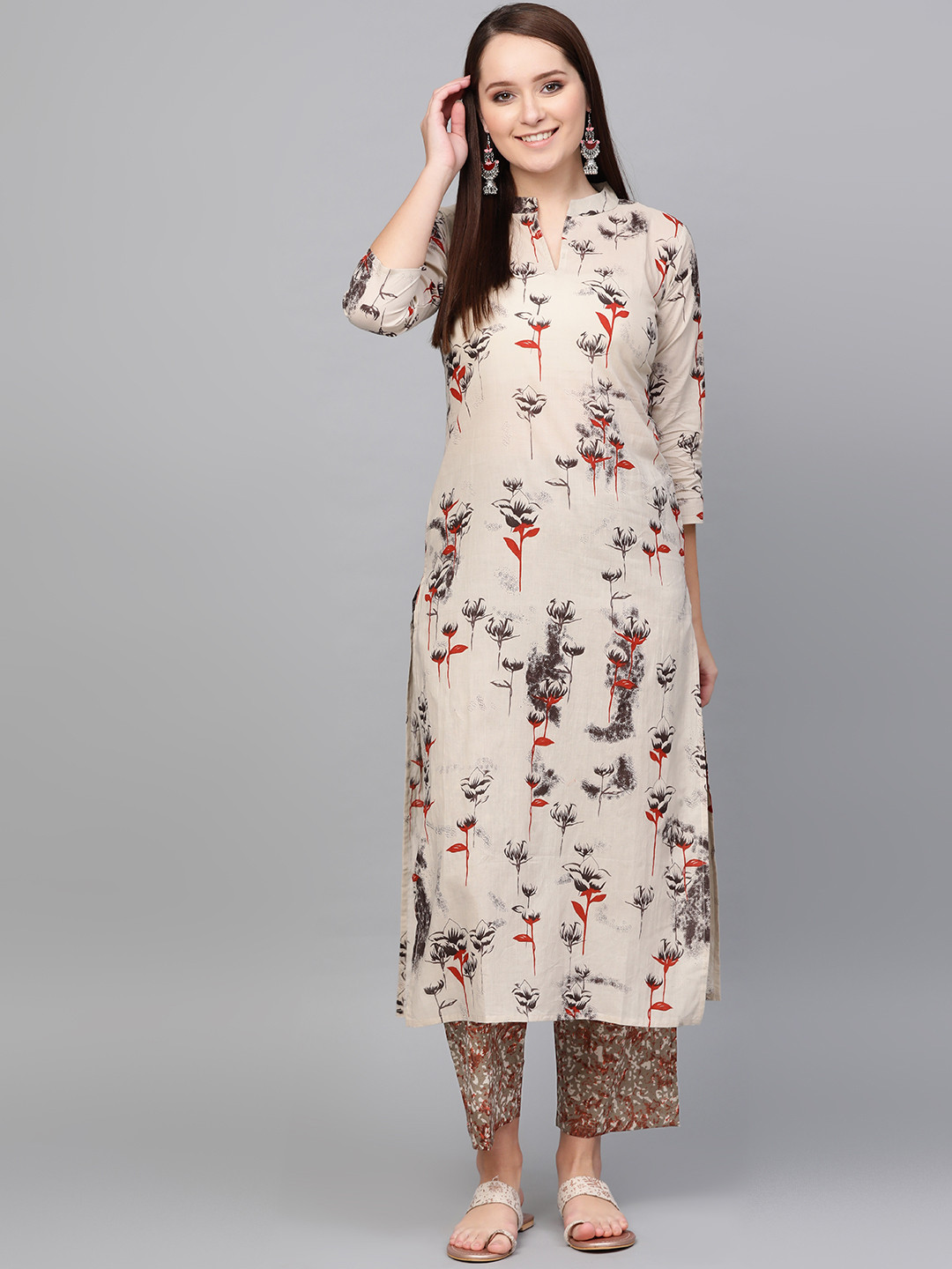 

Nayo Women Beige & Rust Orange Printed Kurta with Palazzos