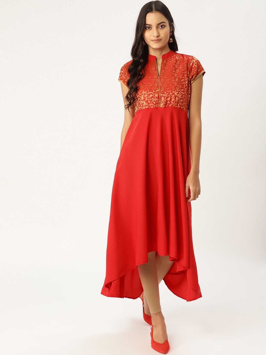 

MBE Women Red & Golden Yoke Design Anarkali Kurta