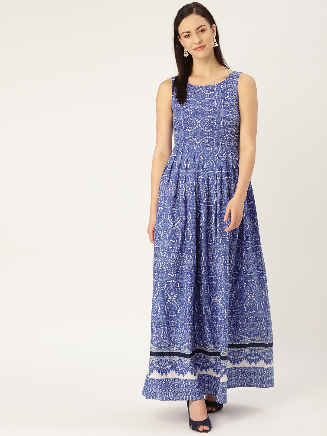 

MBE Women Blue & White Printed Maxi Dress