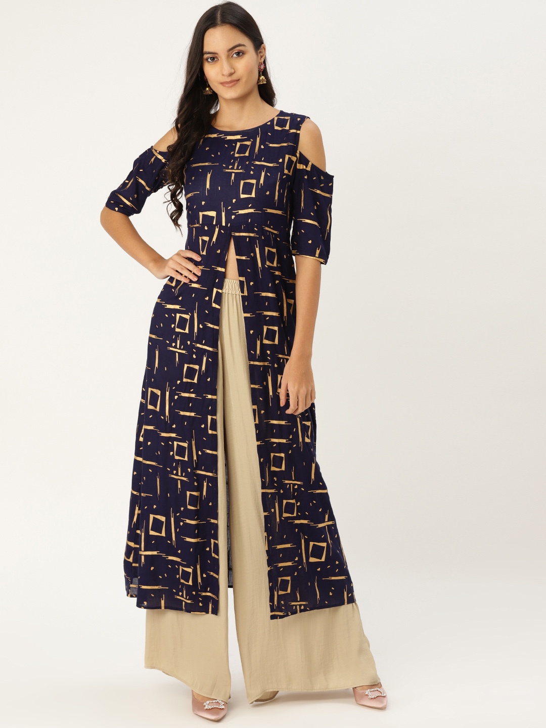 

MBE Women Navy Blue & Block Golden Printed A-Line Kurta