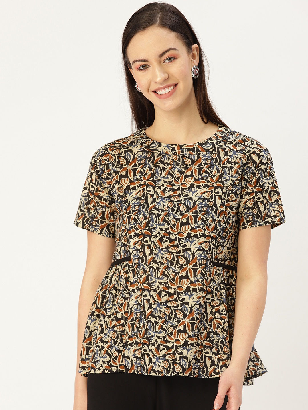 

MBE Women Beige & Brown Printed A-Line Top