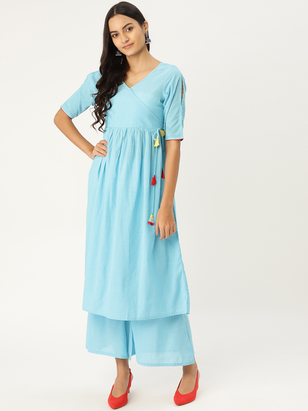 

MBE Women Blue Solid Angrakha Kurta with Palazzos