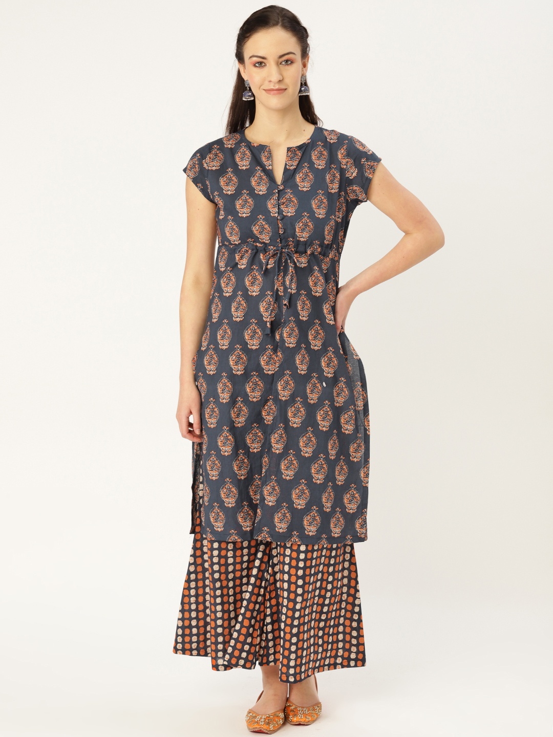 

MBE Women Navy Blue & Orange Printed Kurta with Palazzos