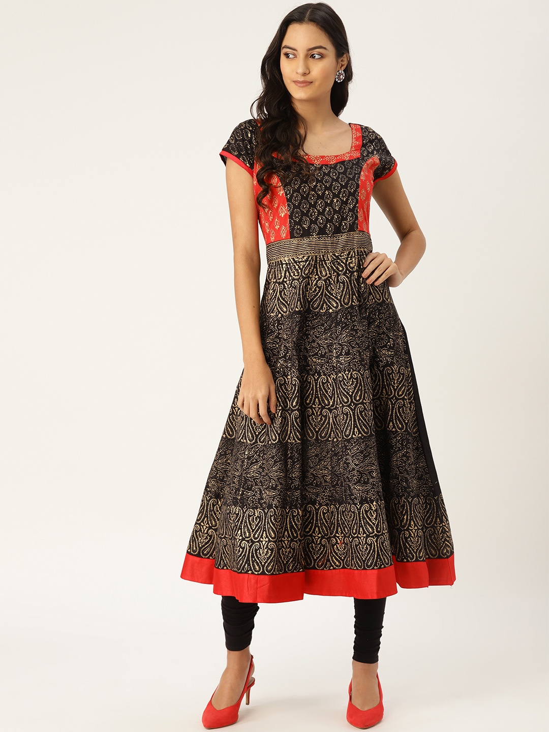 

MBE Women Black & Golden Block Print Anarkali Kurta