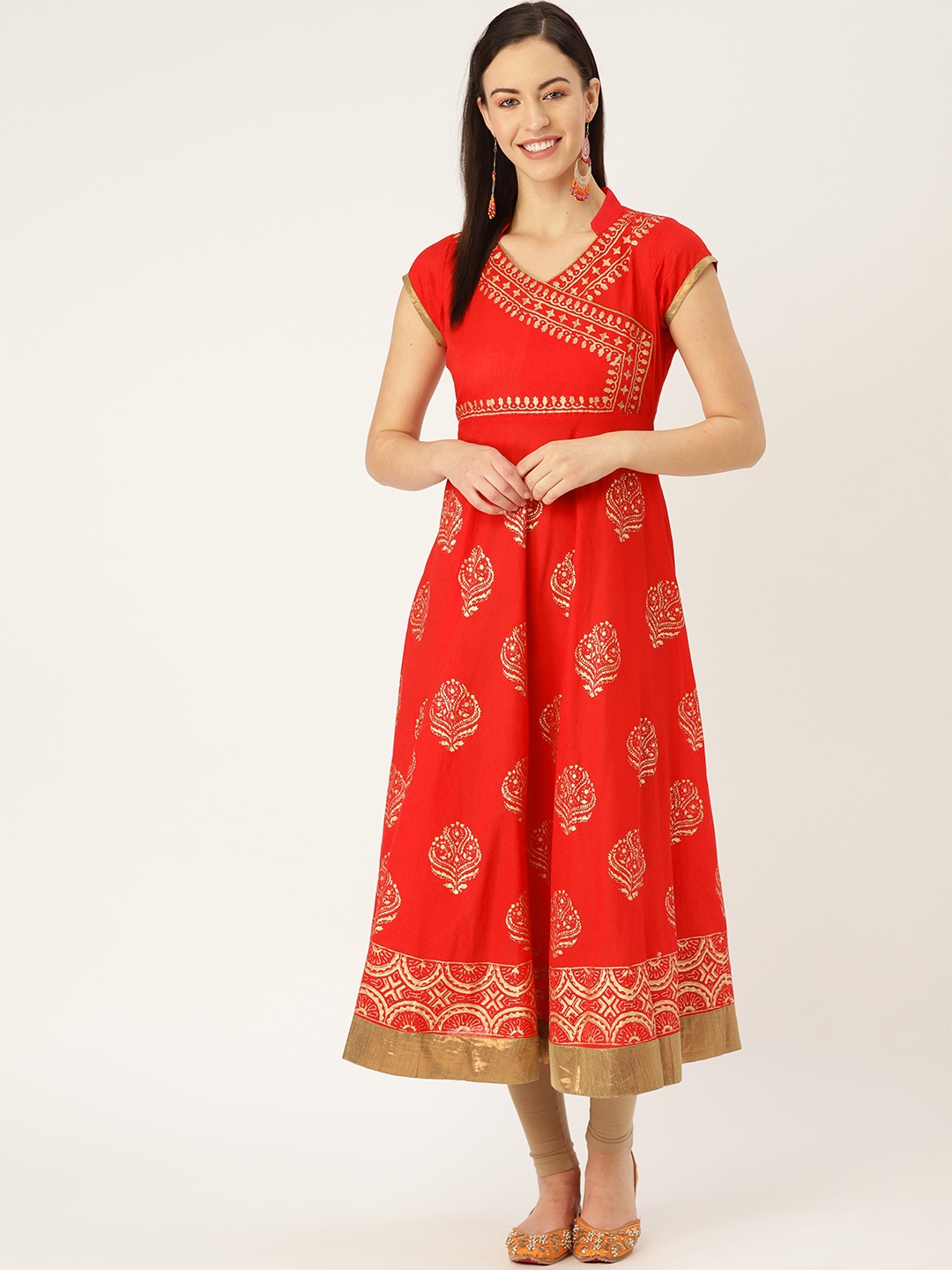 

MBE Women Red & Golden Block Print Angrakha Anarkali Kurta