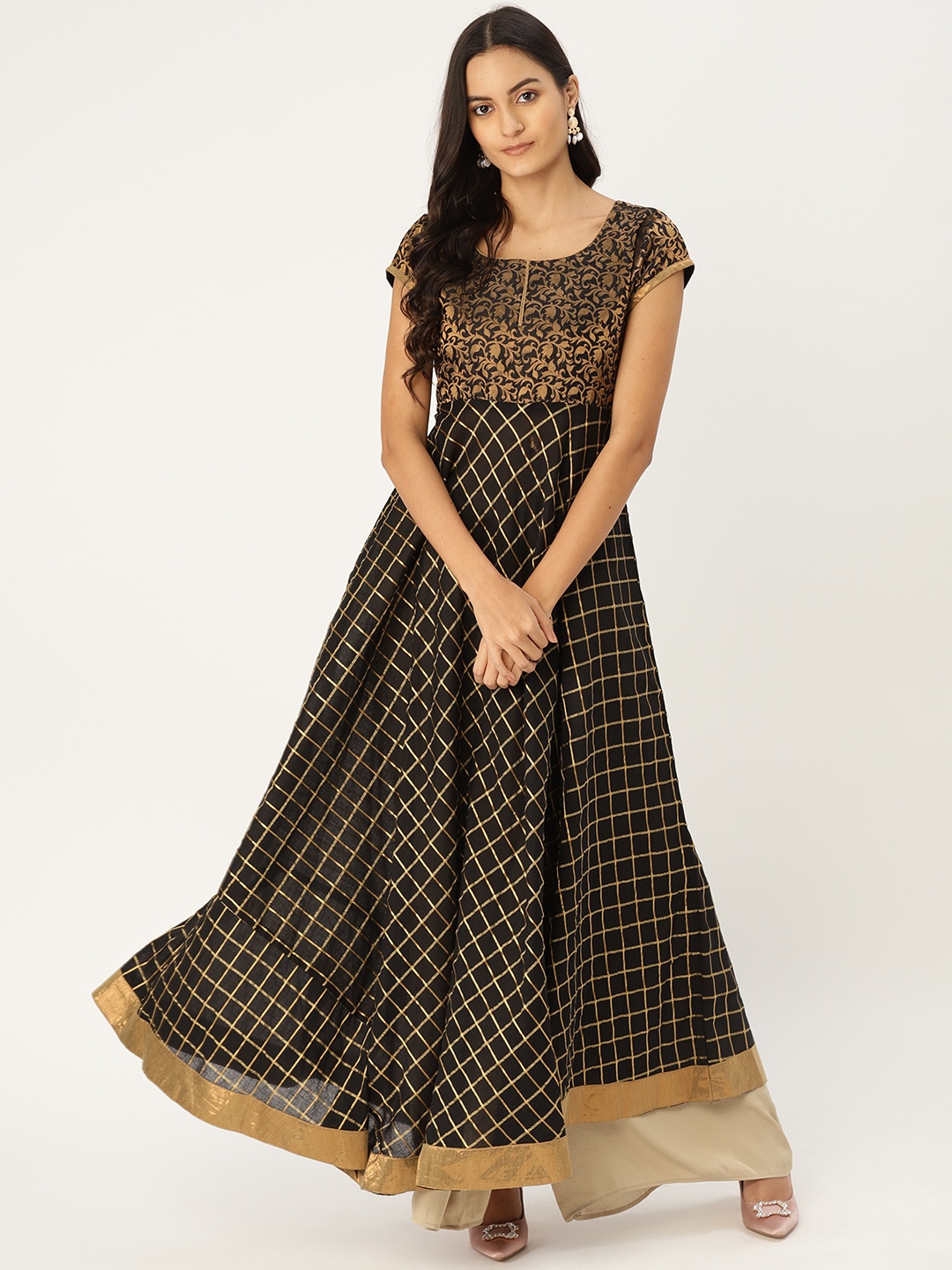 

MBE Women Black & Golden Checked Anarkali Kurta