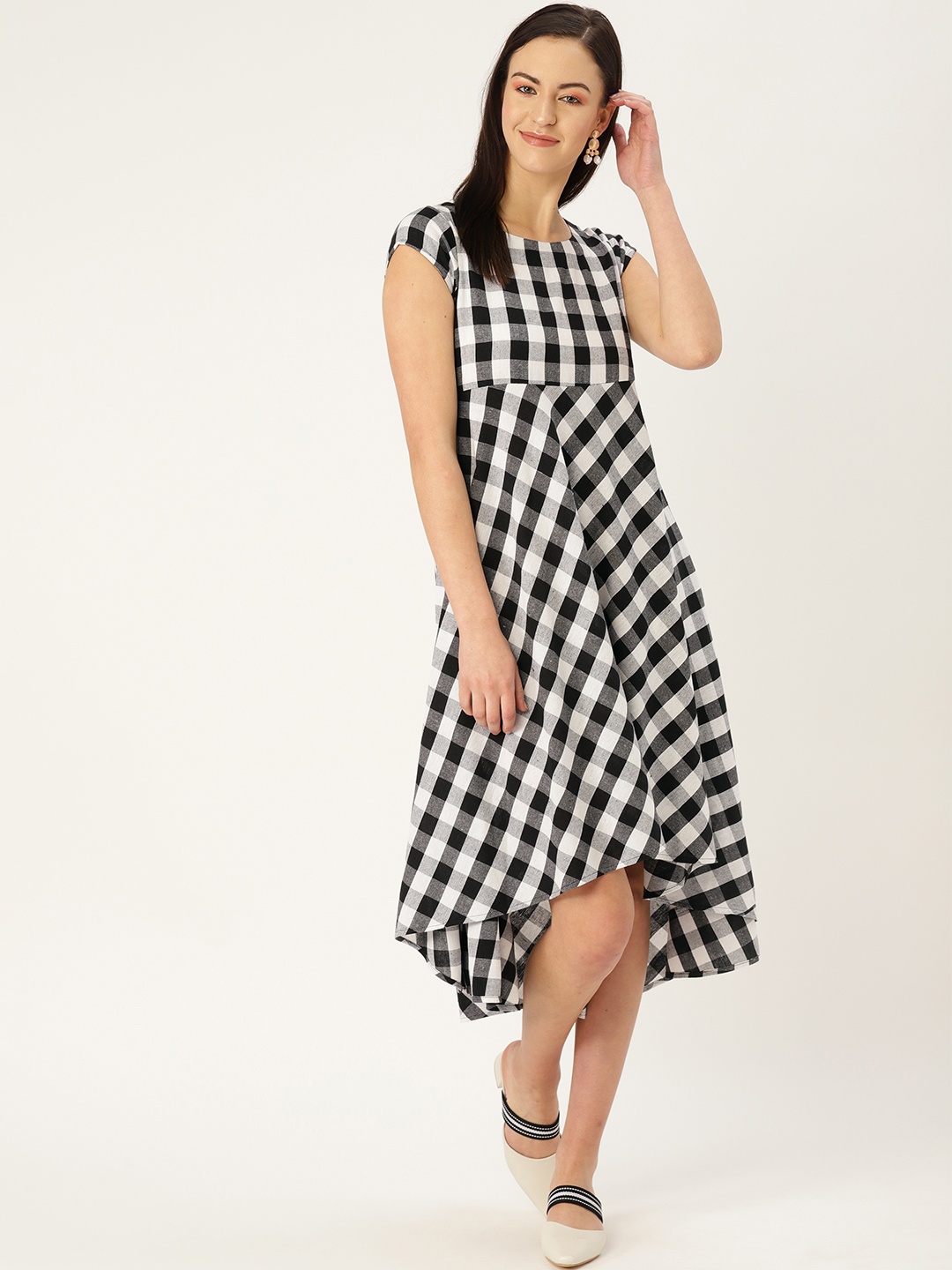 

MBE Women Black & White Checked Empire Dress