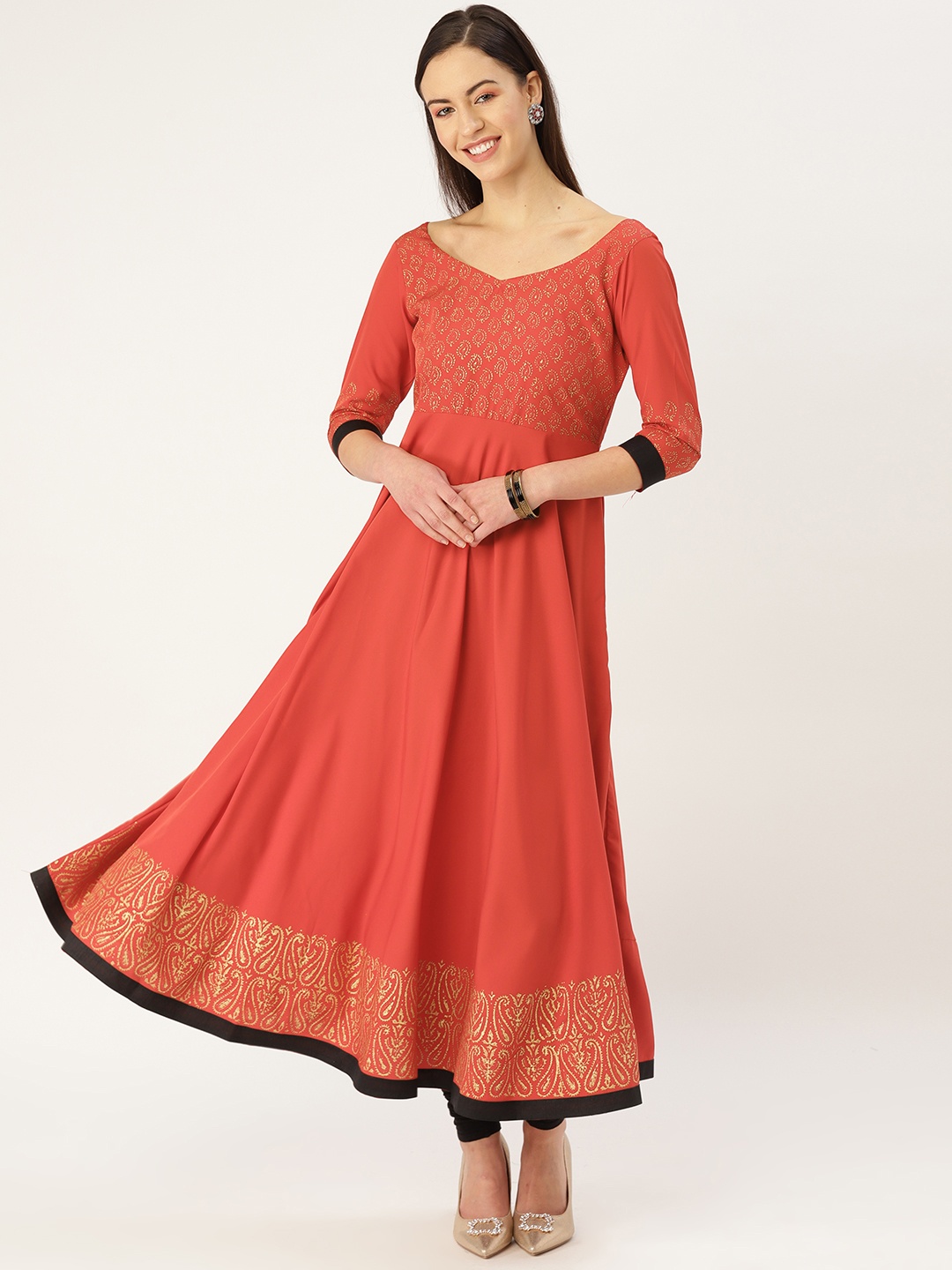 

MBE Women Red & Golden Block Print Anarkali Kurta