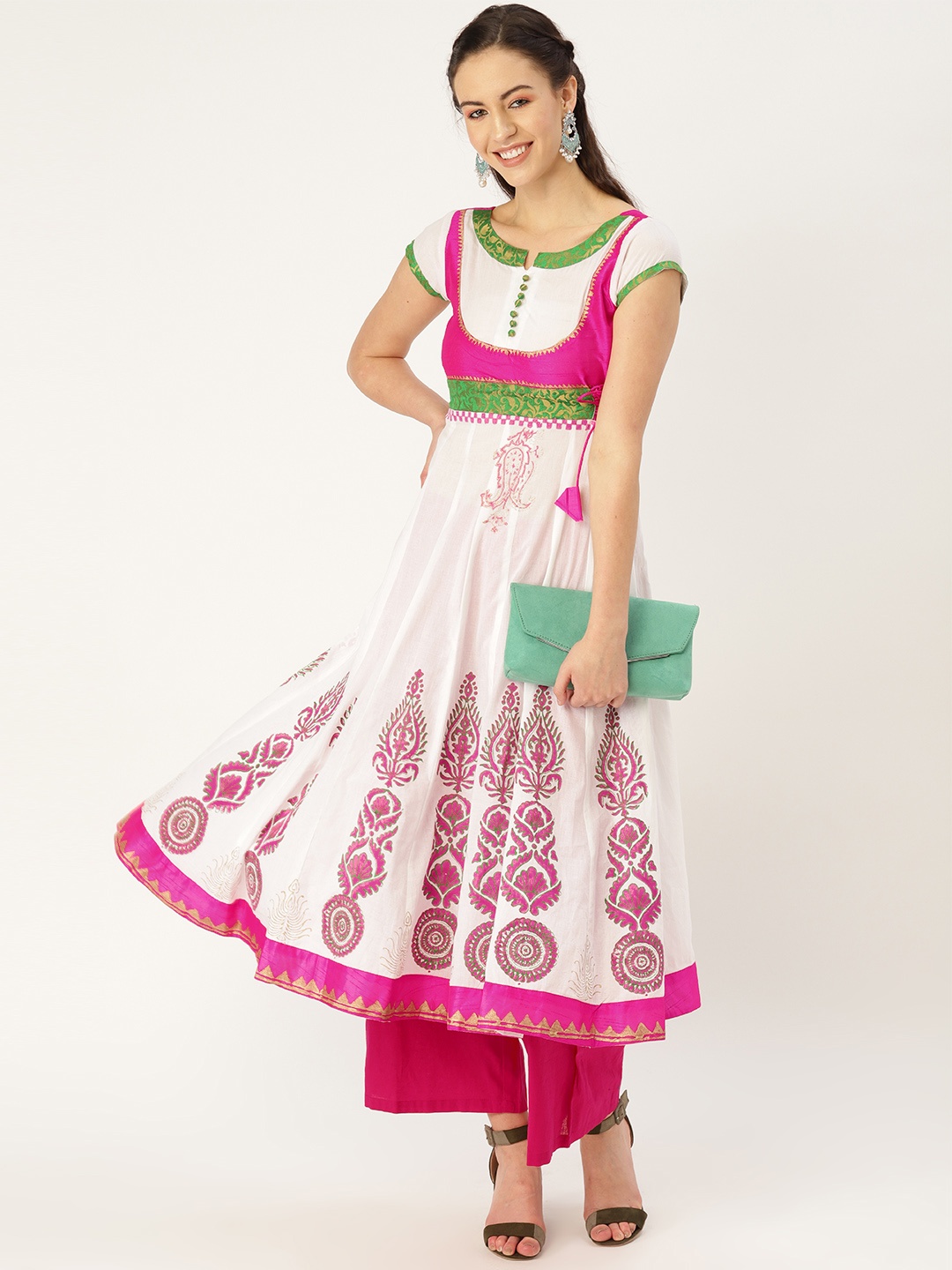 

MBE Women White & Pink Block Printed Empire Anarkali Kurta