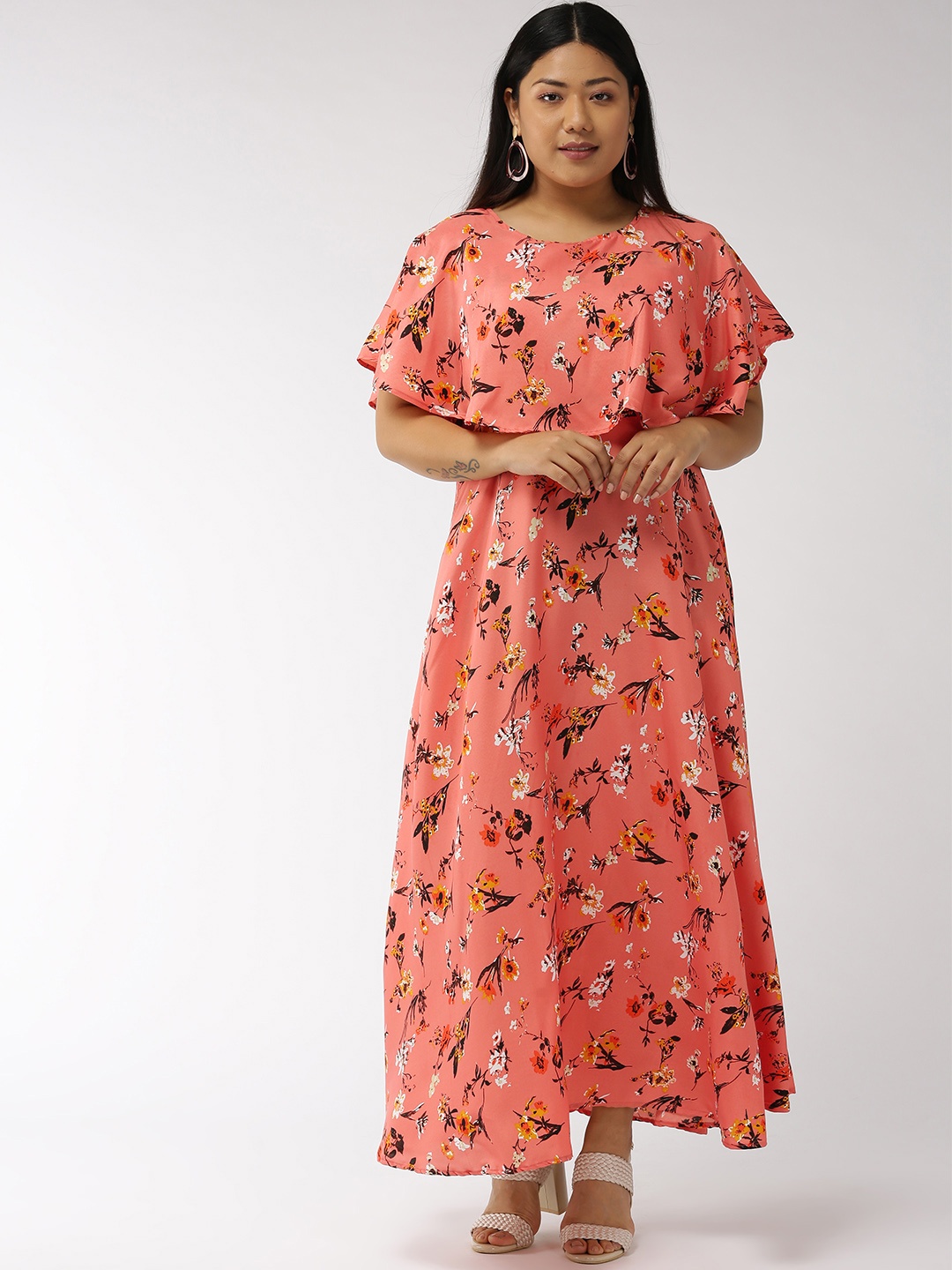 

U&F Women Peach-Coloured & Black Floral Print Maxi Dress, Pink