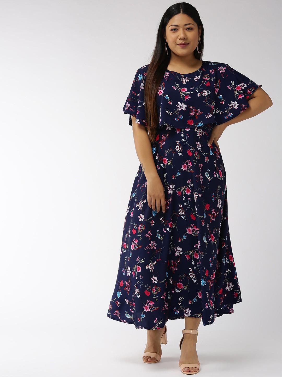 

U&F Navy Blue & Pink Floral Printed Maxi Dress