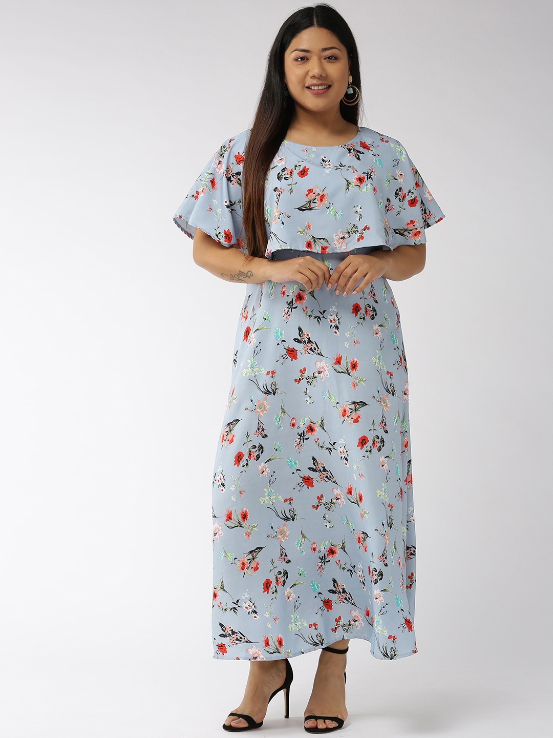 

U&F Women Blue & Red Floral Print Maxi Dress