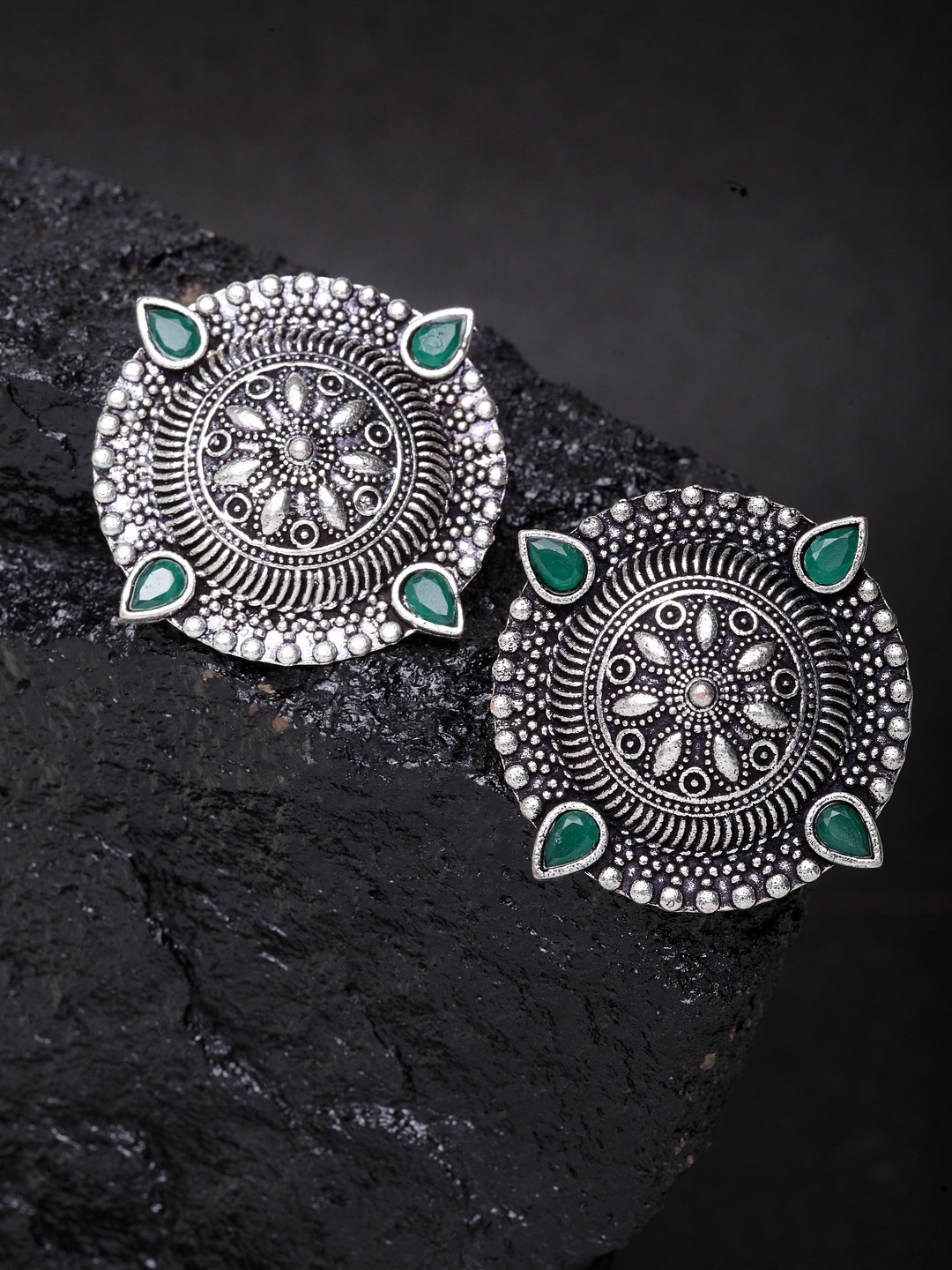 

PANASH Silver-Plated & Green Circular Studs