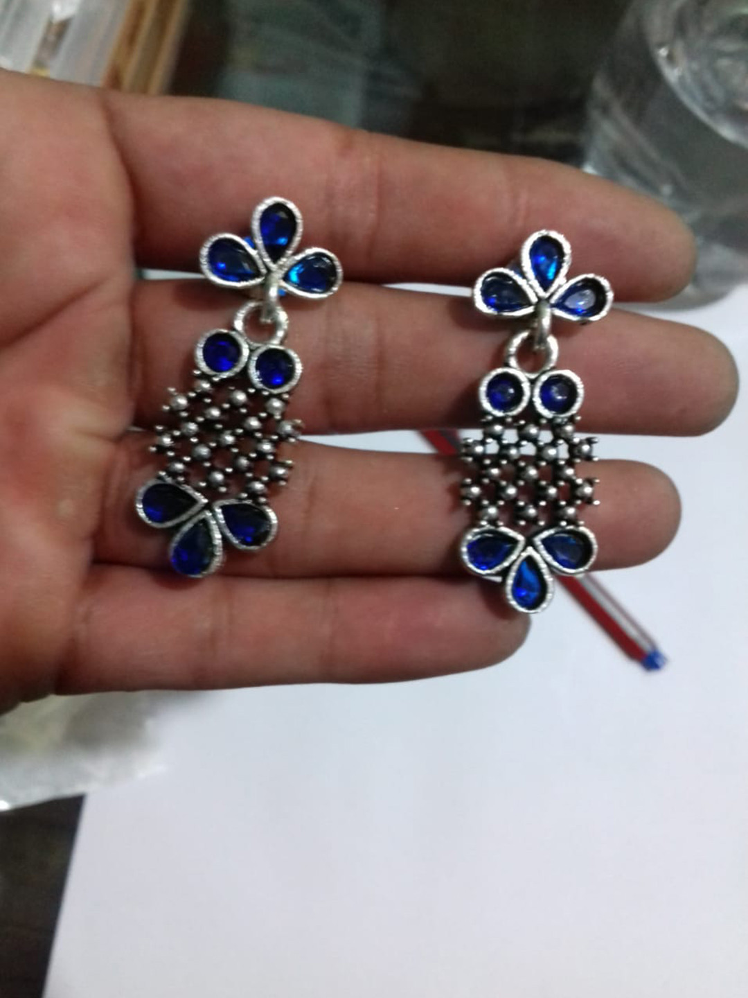 

PANASH Silver-Plated & Blue Floral Drop Earrings