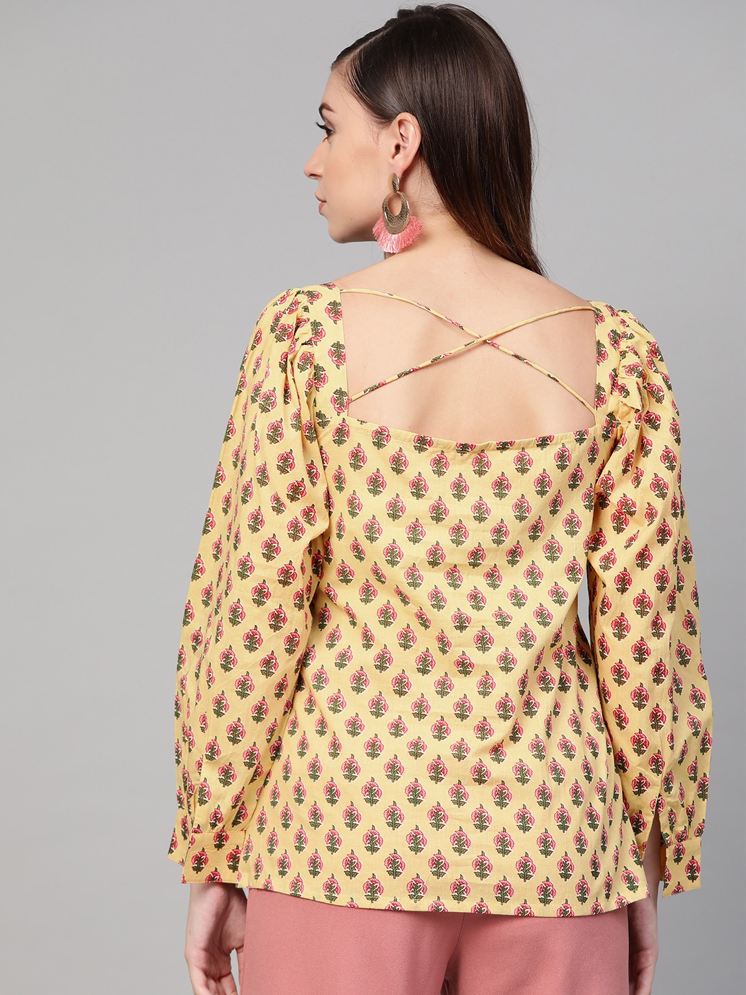 

Idalia Women Yellow & Pink Printed Styled Back Pure Cotton Top