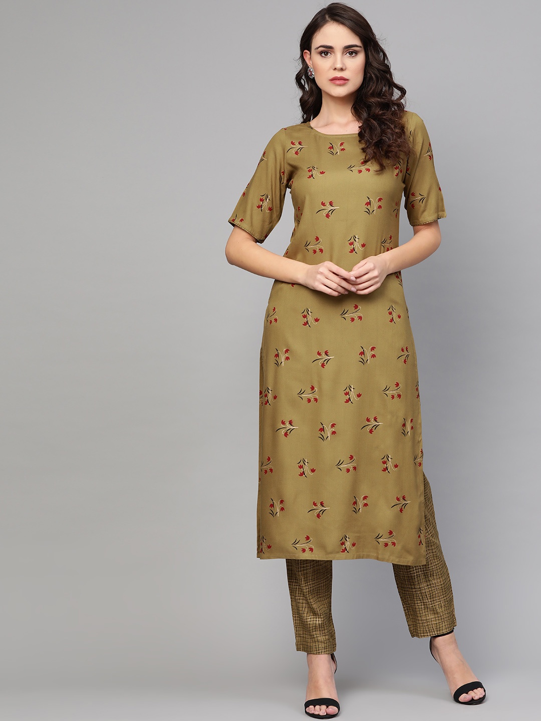 

Idalia Women Olive Green & Maroon Khari Print Kurta with Trousers