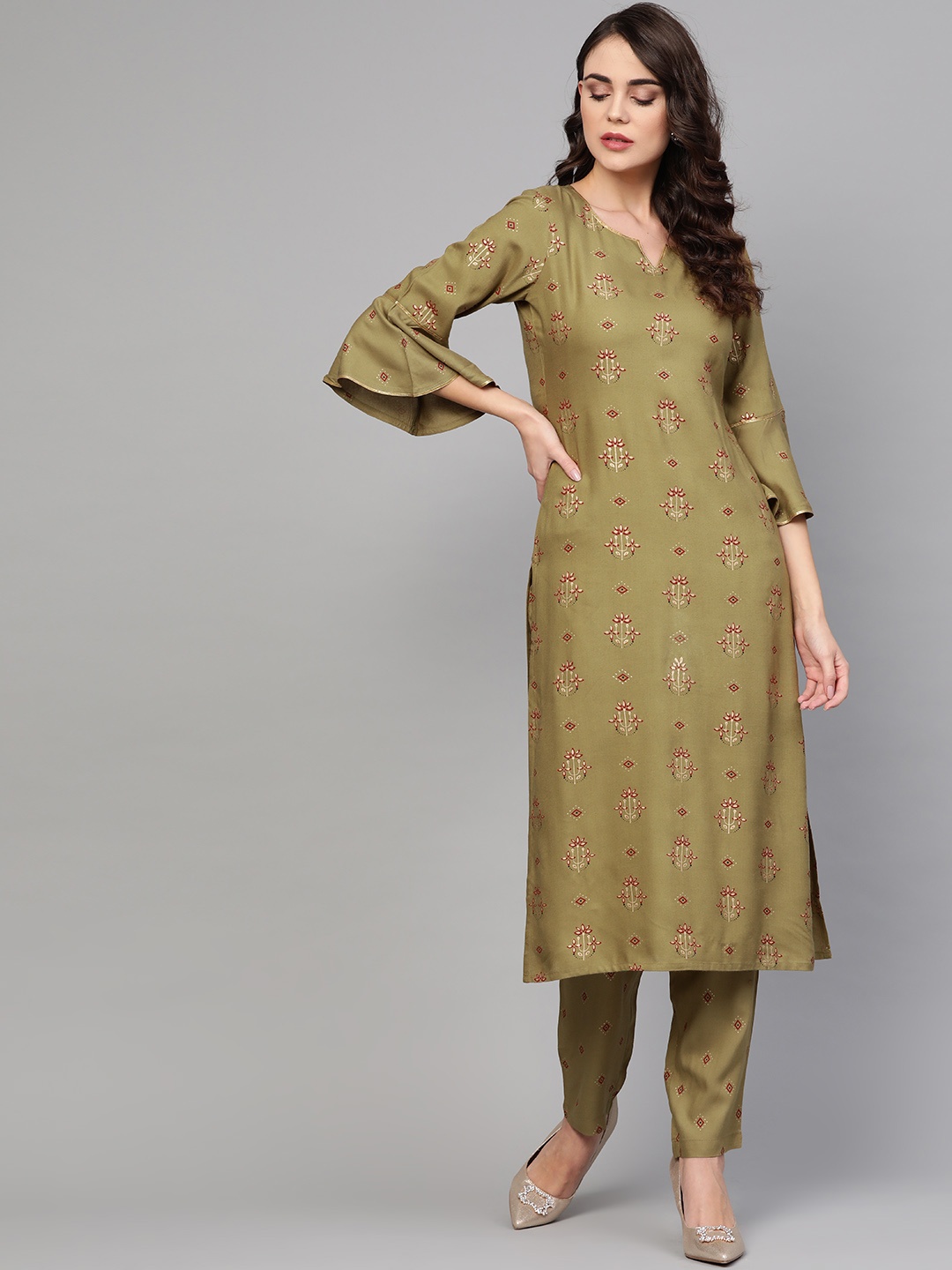 

Idalia Women Olive Green & Maroon Printed Straight Kurta with Trousers