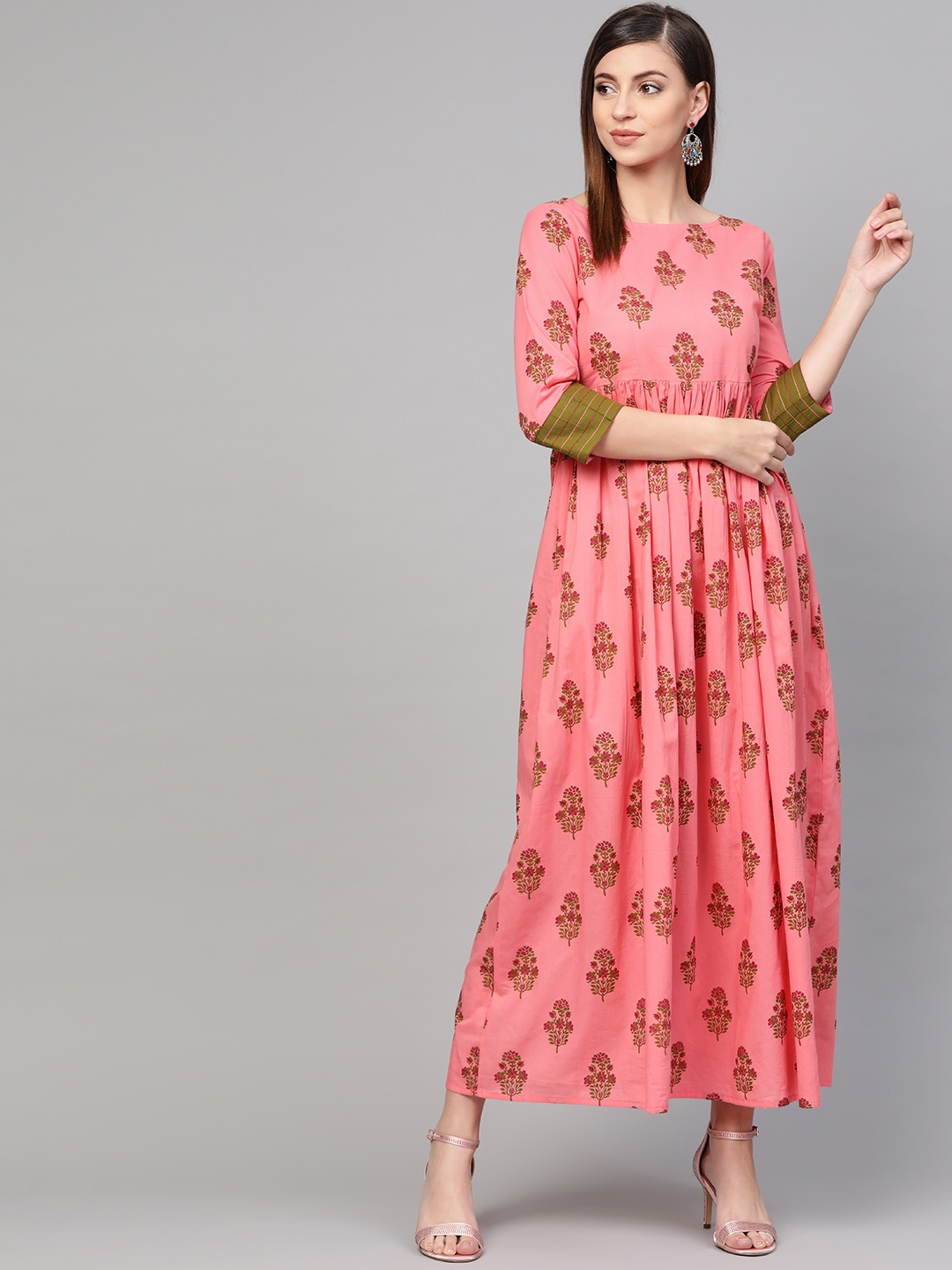 

Idalia Women Coral Pink & Green Printed Maxi Dress