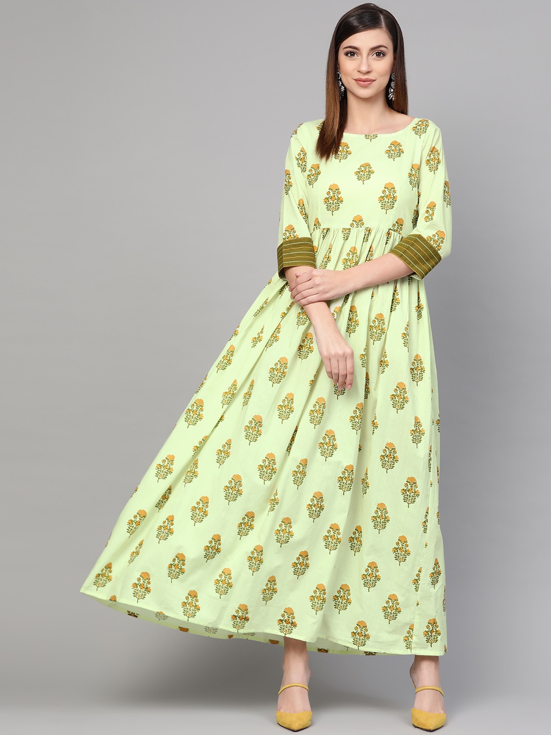 

Idalia Women Green & Mustard Yellow Floral Printed Maxi Dress