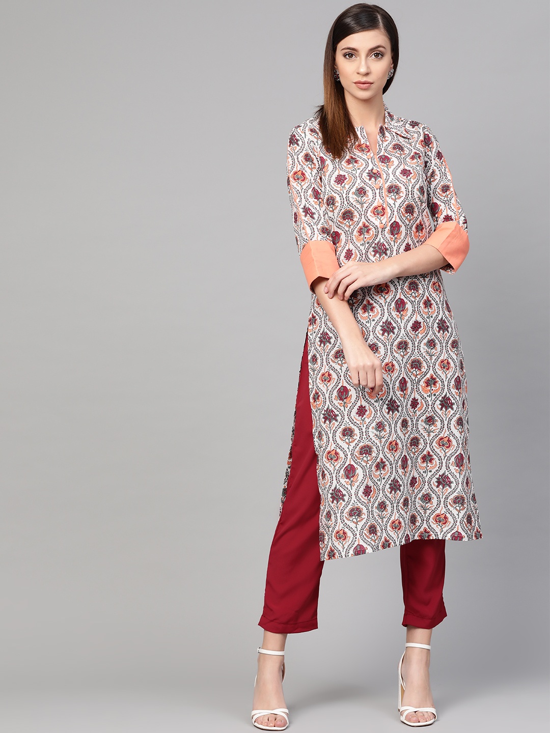 

Idalia Women White & Maroon Printed Straight Kurta