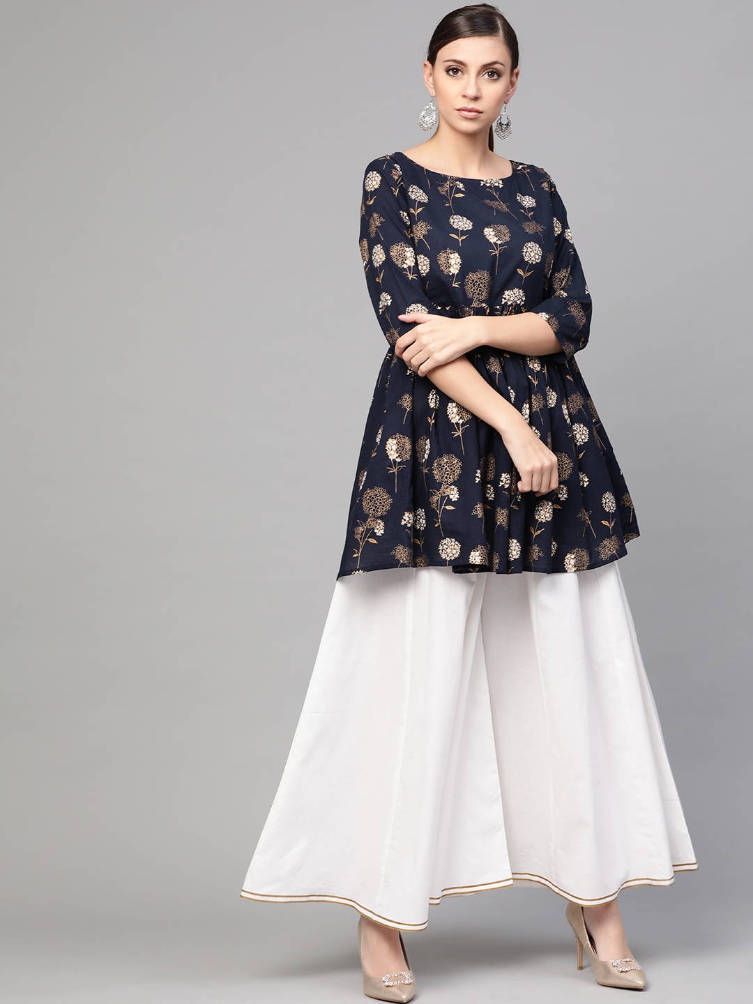 

Idalia Women Navy Blue & White Printed Kurti with Palazzos