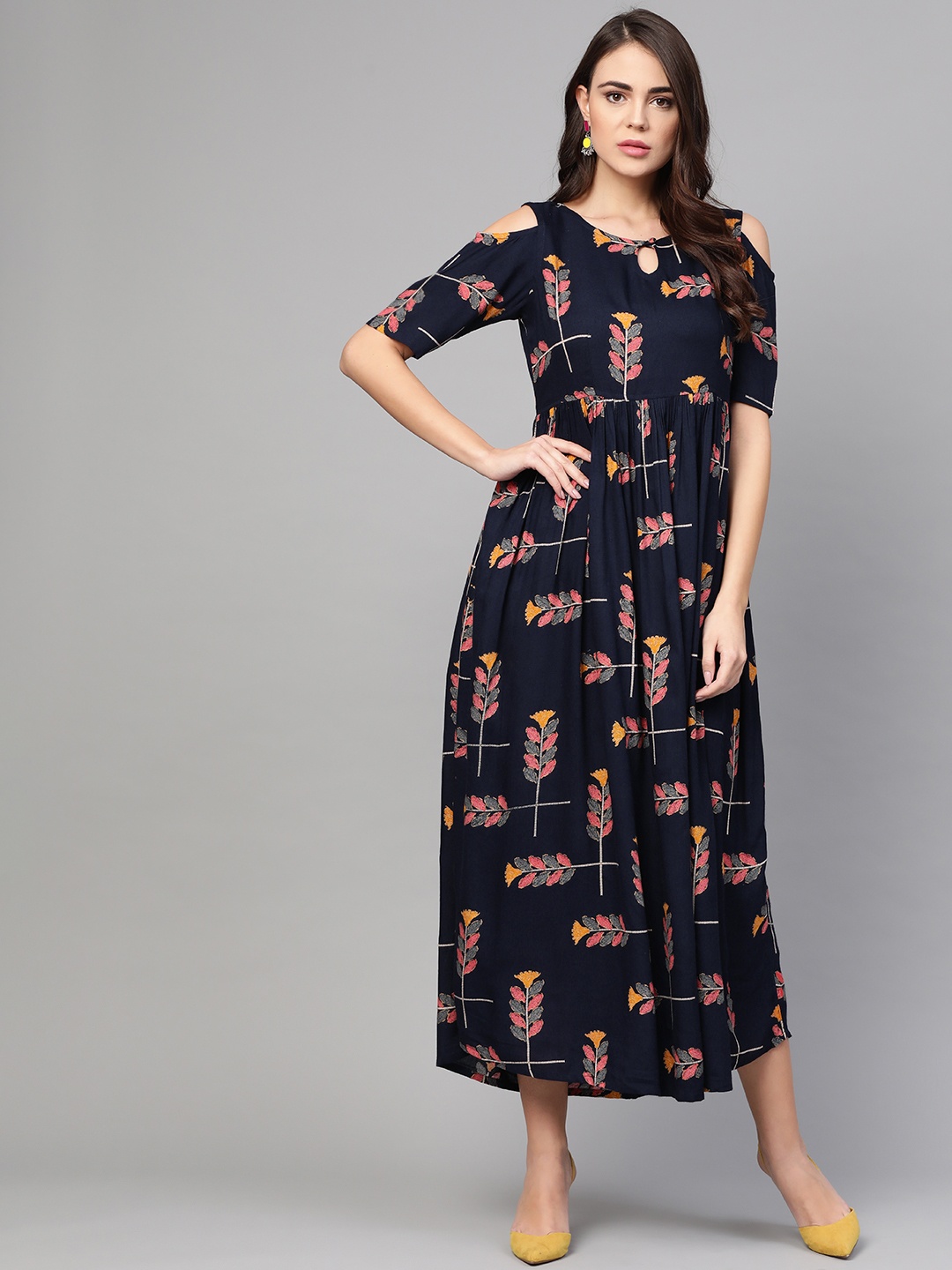 

Idalia Women Navy Blue & Pink Floral Printed Cold-Shoulder Maxi Dress