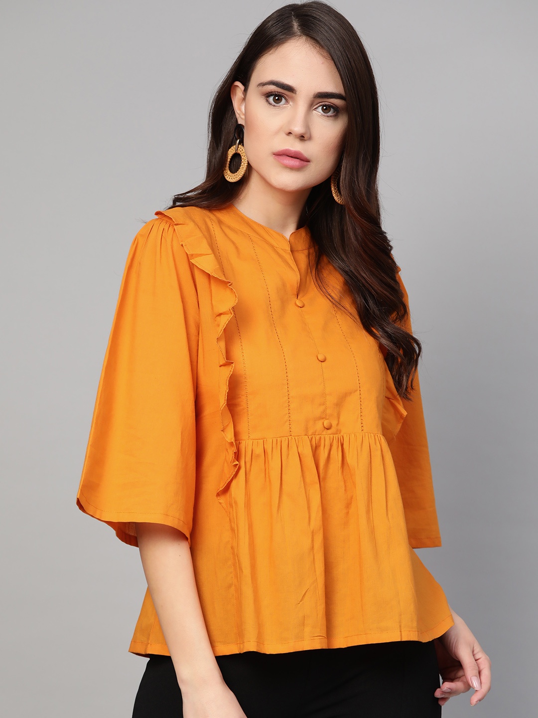 Idalia Women Mustard Yellow Solid A-Line Pure Cotton Top