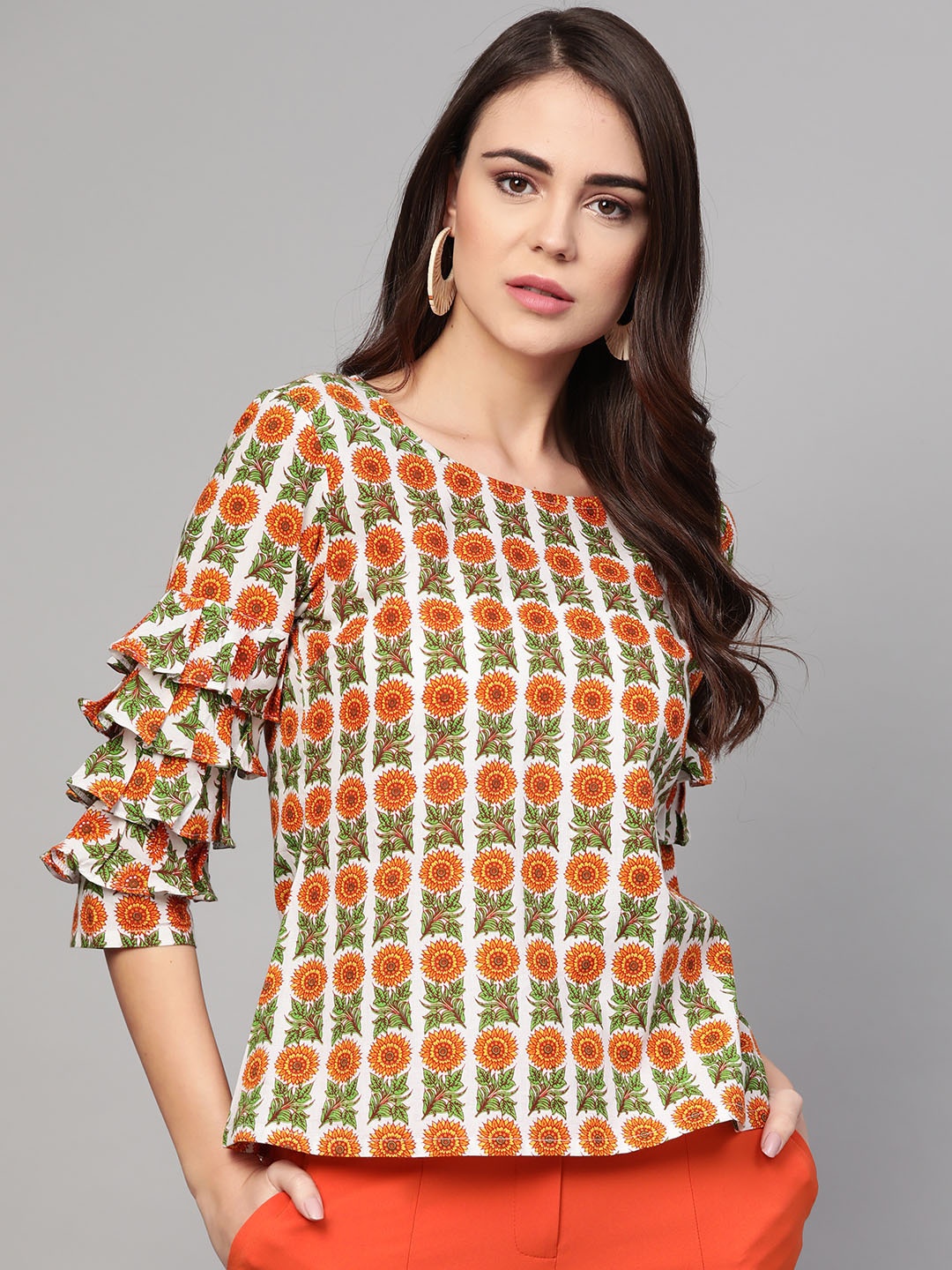 

Idalia Women White & Orange Printed Pure Cotton Top