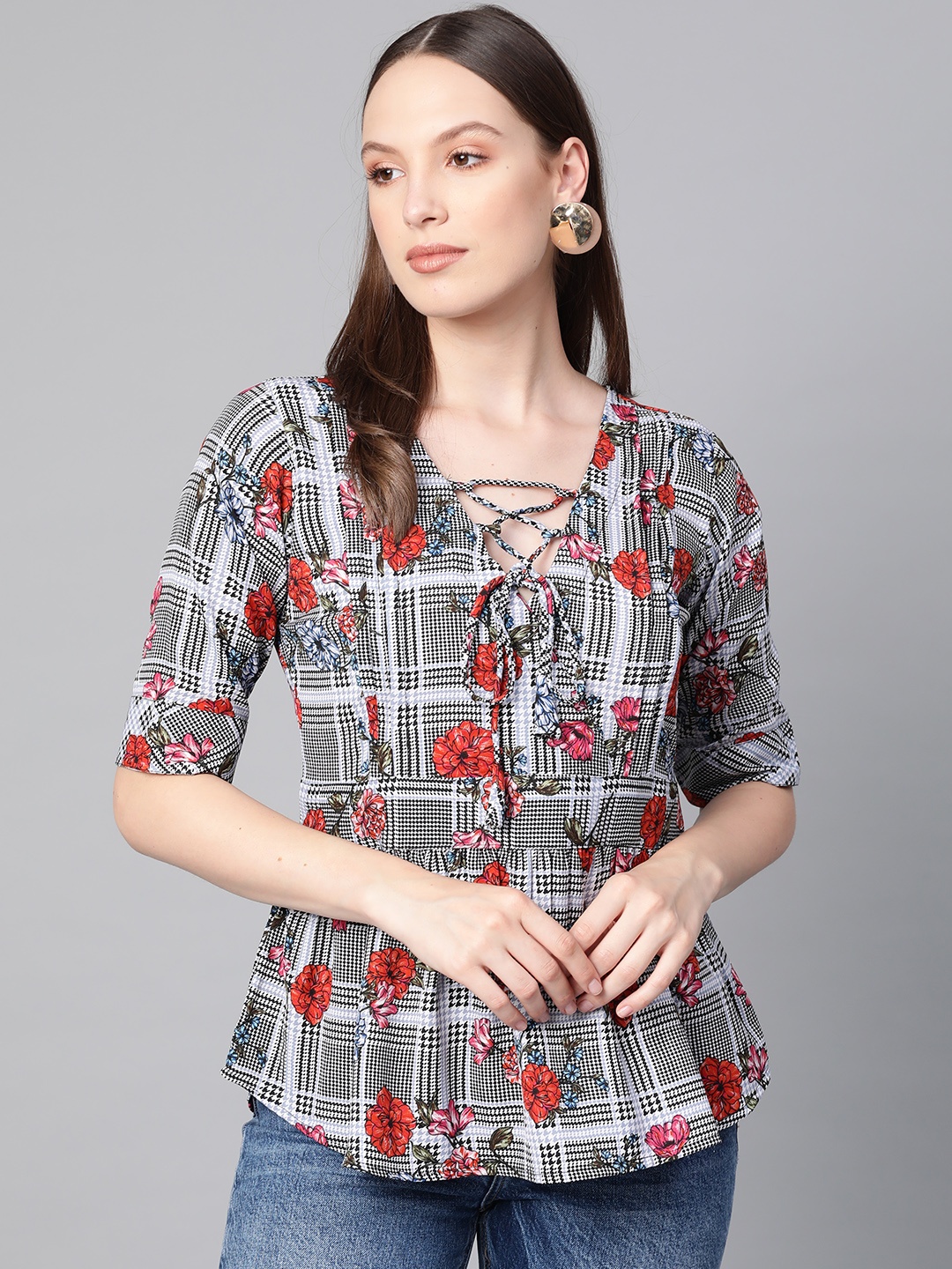 

Ives Women Black & Orange Checked Floral Print A-Line Top