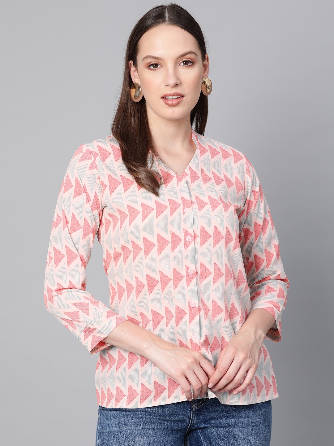 

Ives Women Peach-Coloured & Blue Printed Shirt Style Top
