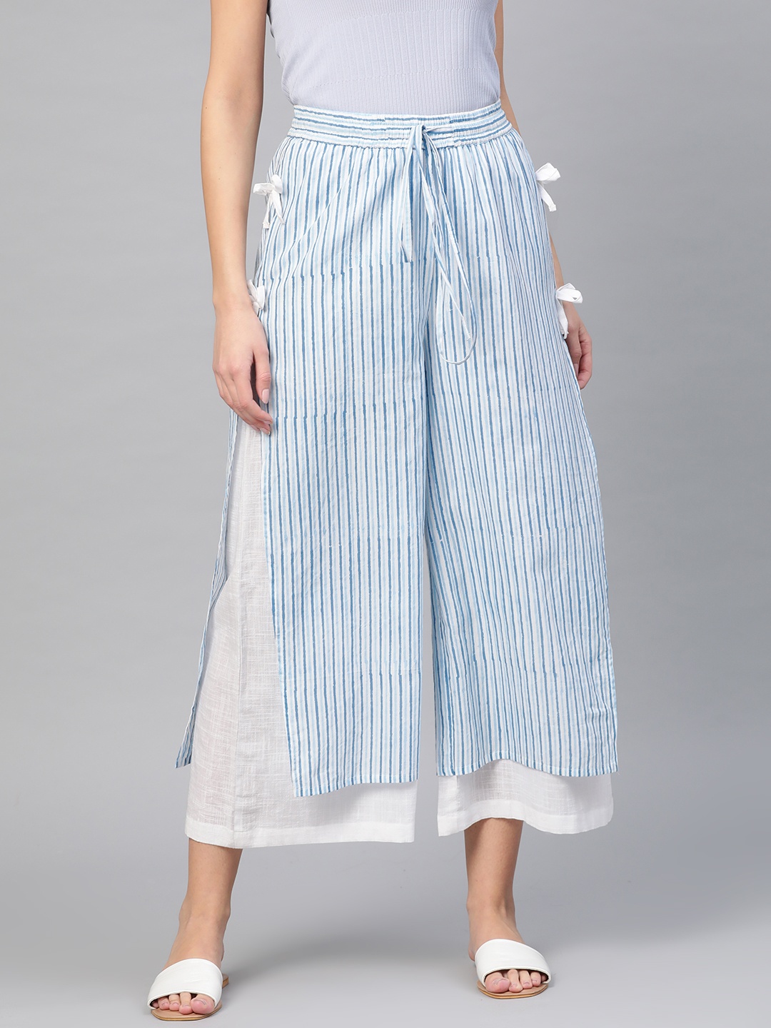 

Idalia Women White & Blue Striped Layered Wide Leg Palazzos
