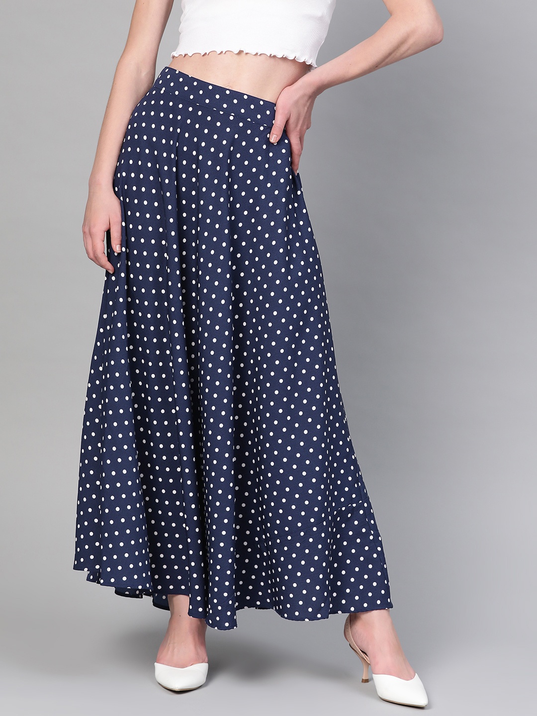 

The Vanca Navy Blue & White Printed Flared Maxi Skirt