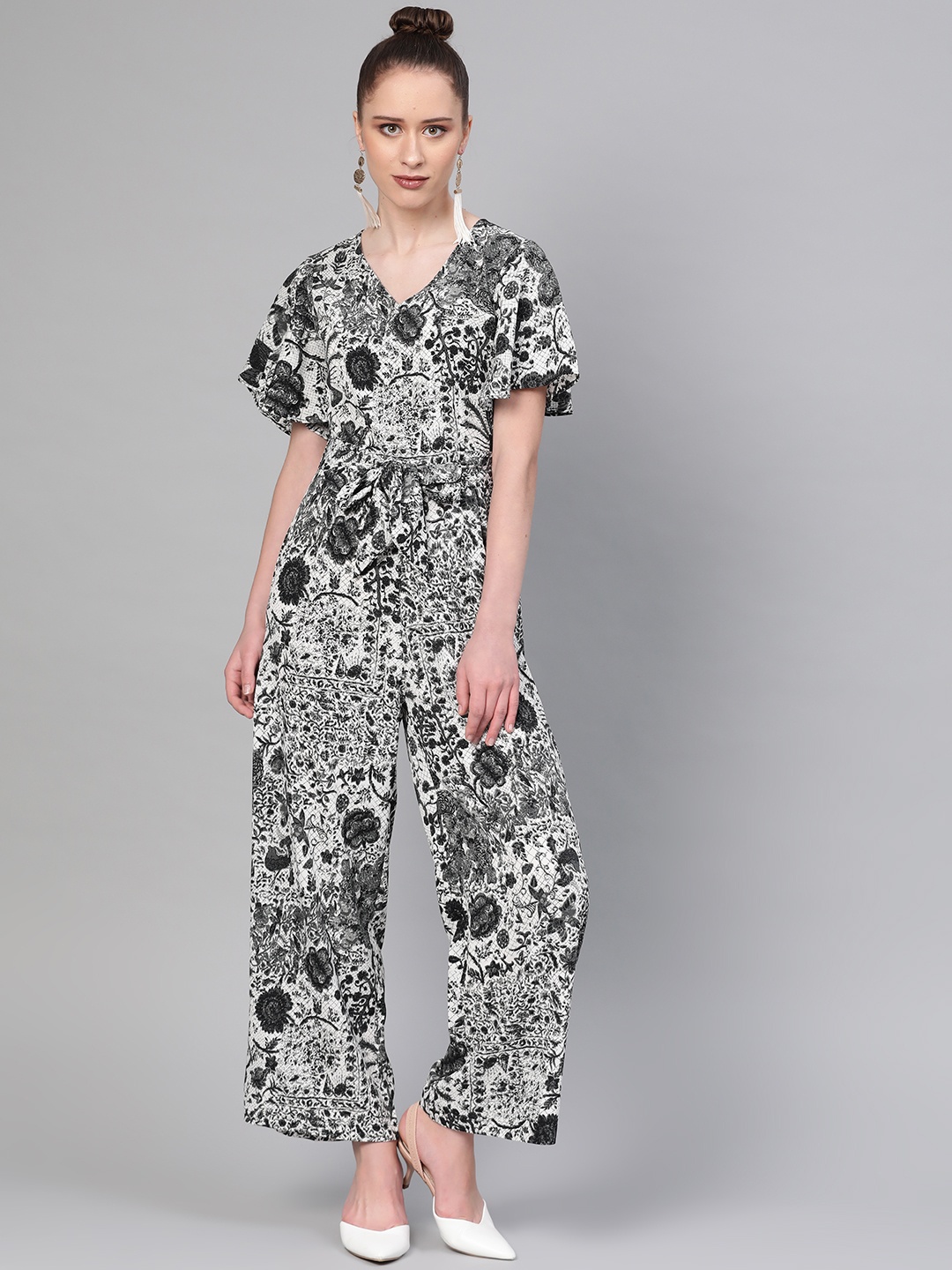 

The Vanca Women Off-White & Charcoal Grey Printed Basic Jumpsuit