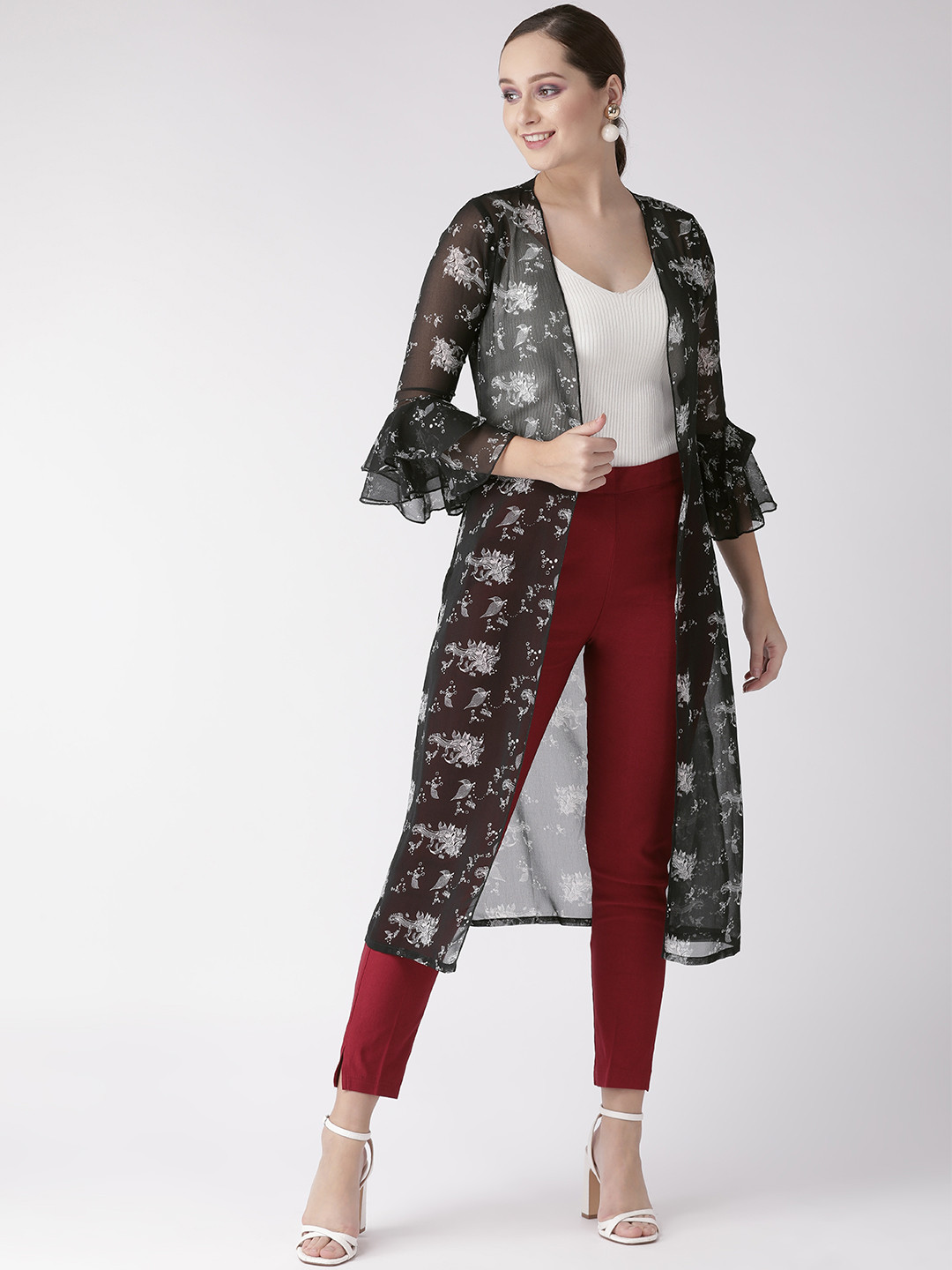 

WISSTLER Women Black & Off-White Printed Longline Open Front Shrug