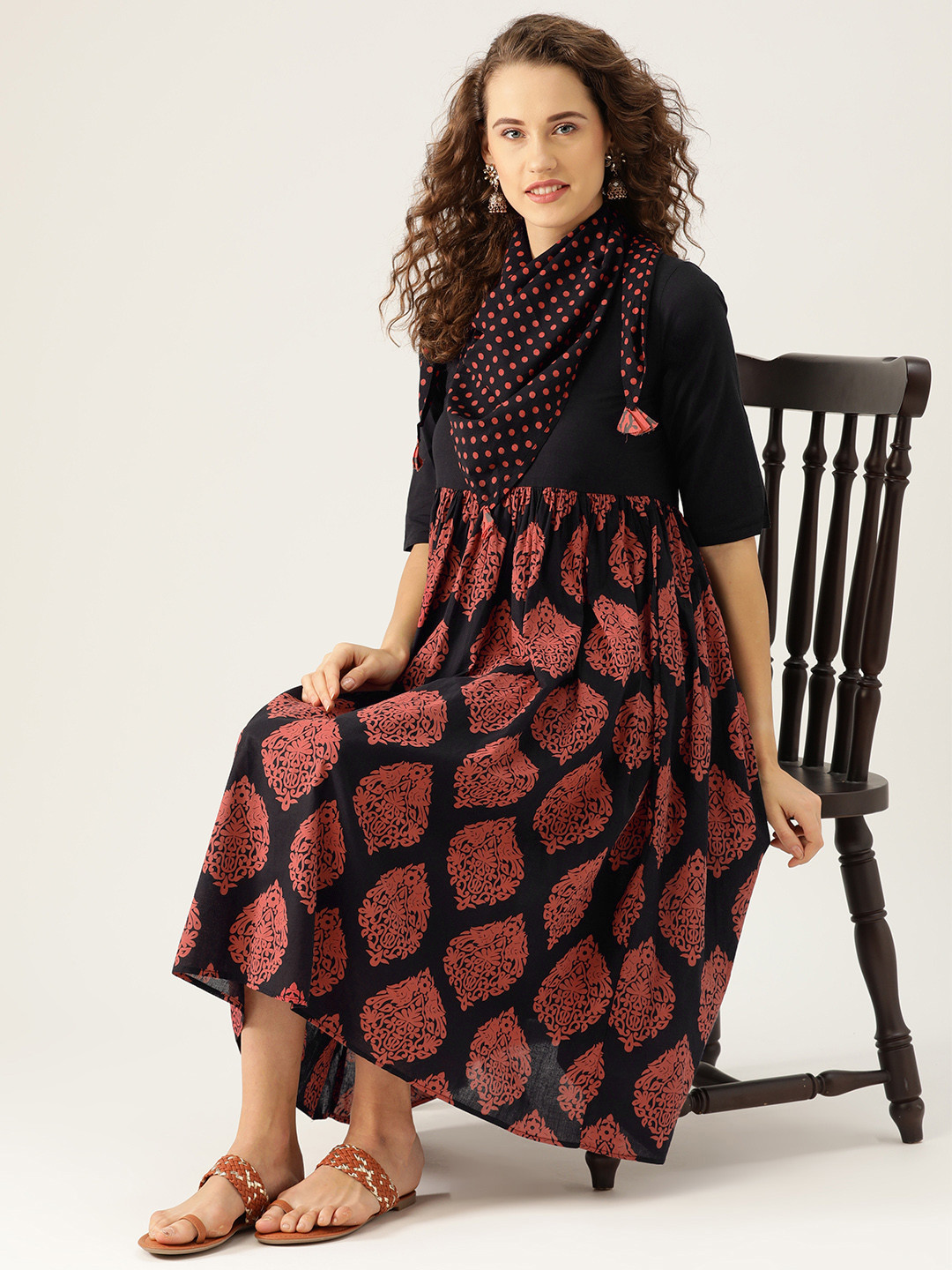 

Rustorange Women Black & Rust Red Printed A-Line Dress with Scarf