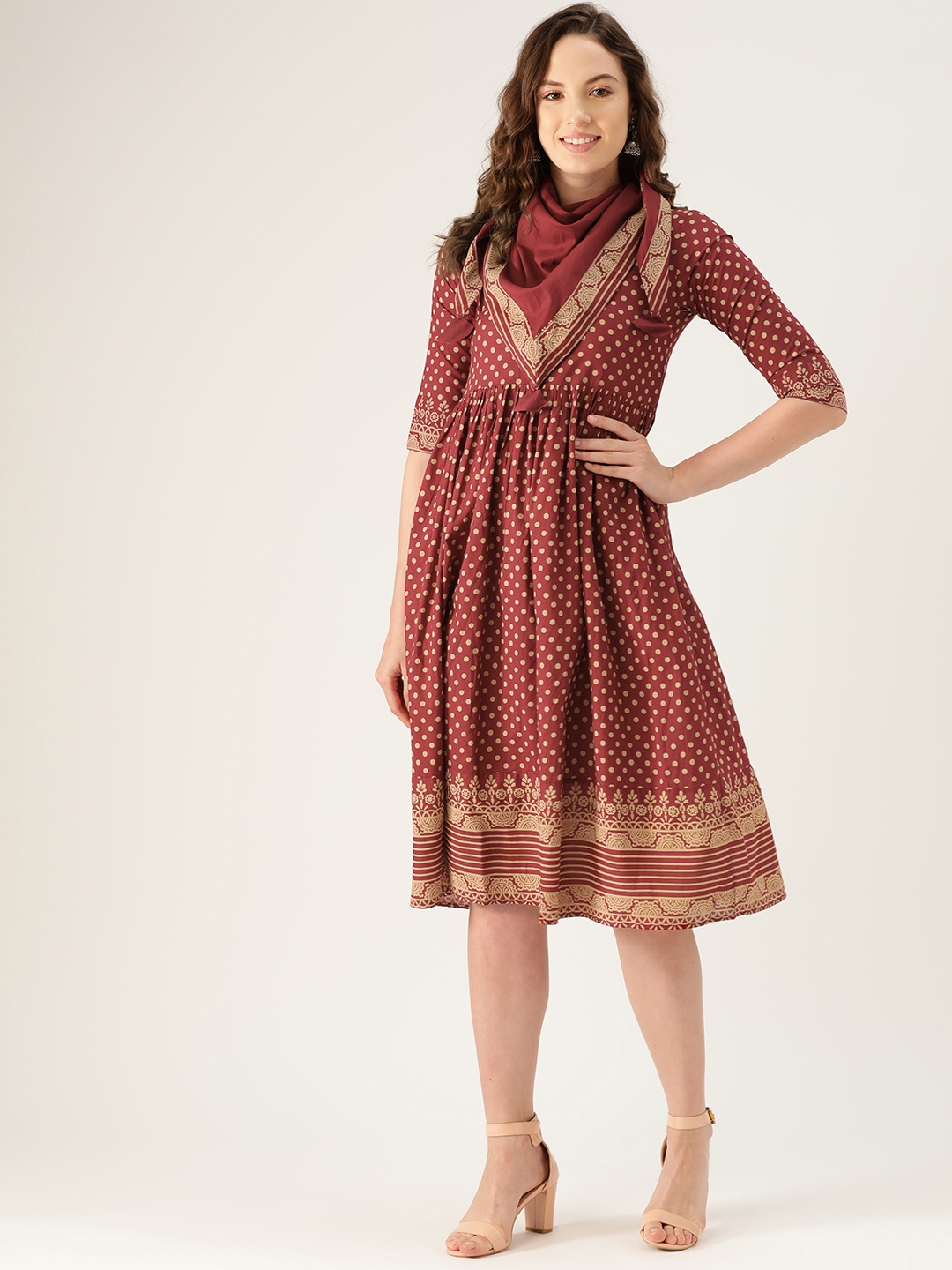 

Rustorange Women Maroon & Beige Printed A-Line Dress With Scarf