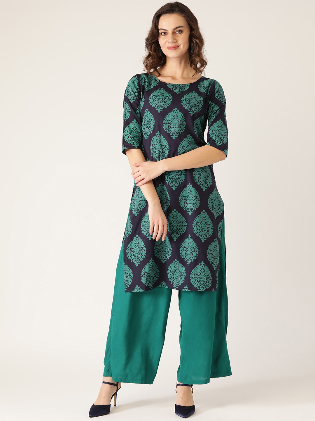 

Rustorange Women Navy & Green Printed Straight Kurta, Navy blue