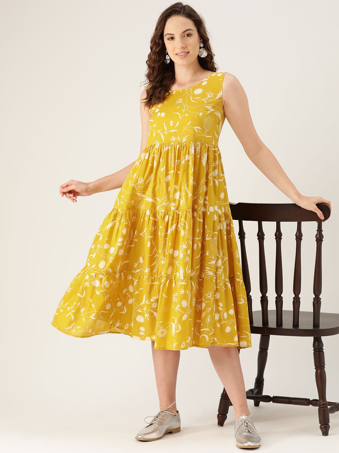 

Rustorange Women Mustard Yellow Floral Printed Tiered A-Line Dress