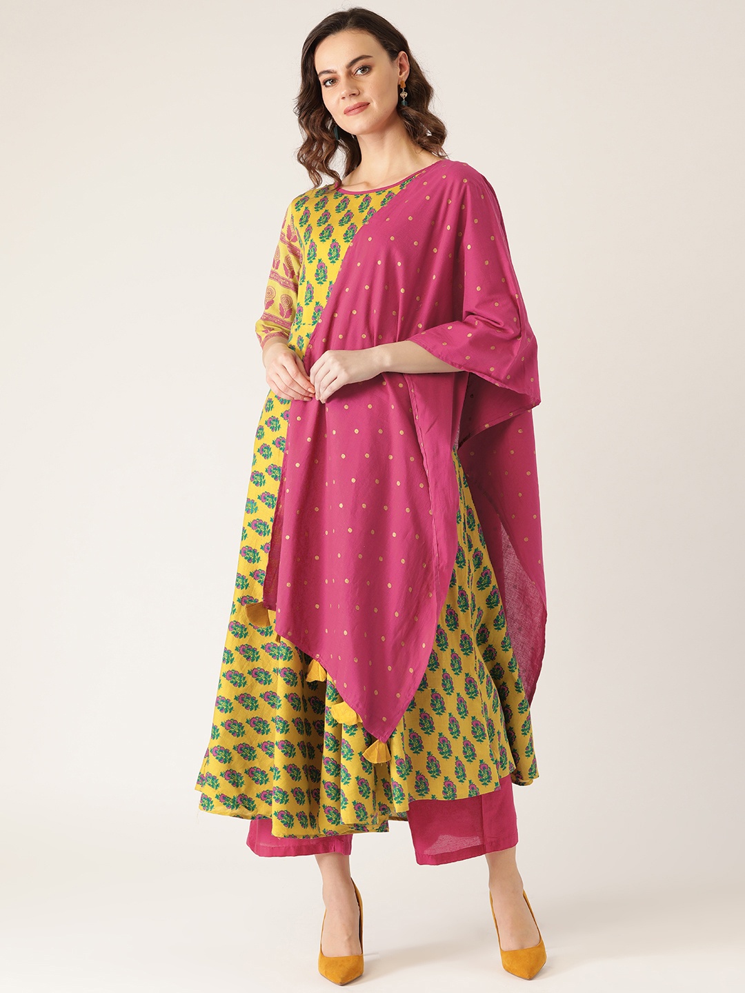 

Rustorange Women Mustard Yellow & Green Printed Anarkali Kurta with Dupatta