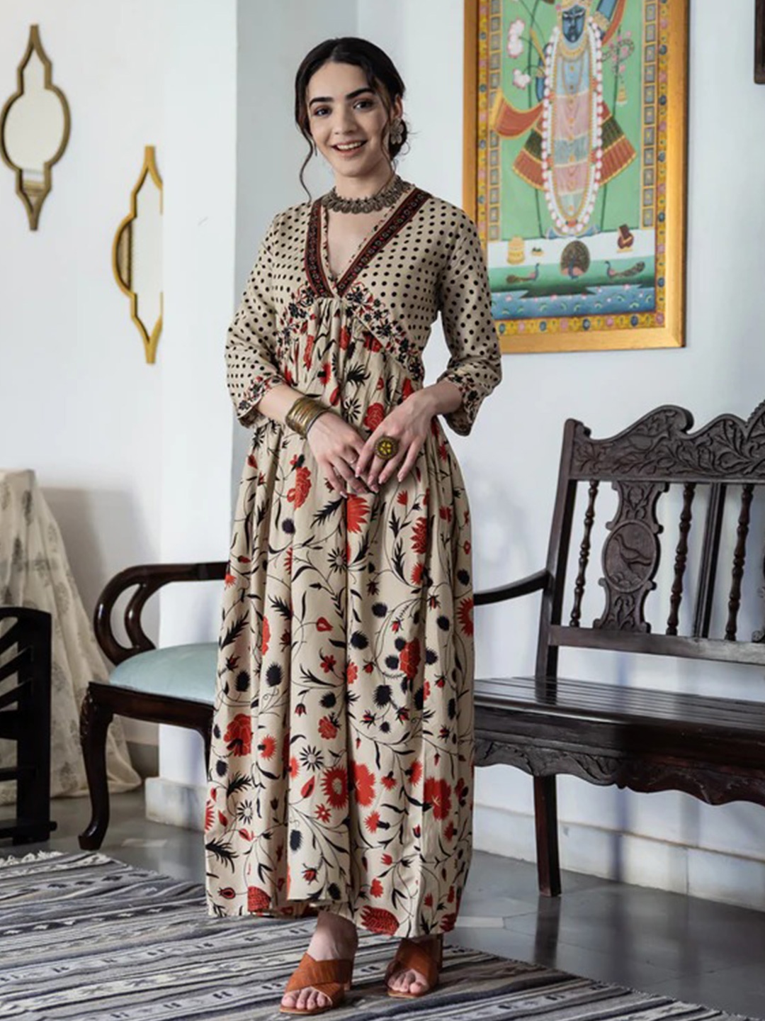 

Rustorange Women Beige & Orange Printed A-Line Dress