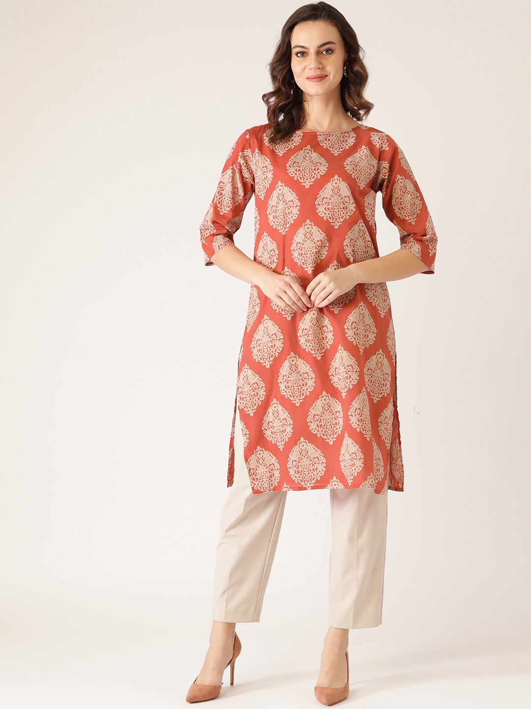 

Rustorange Women Orange & Beige Printed Straight Kurta