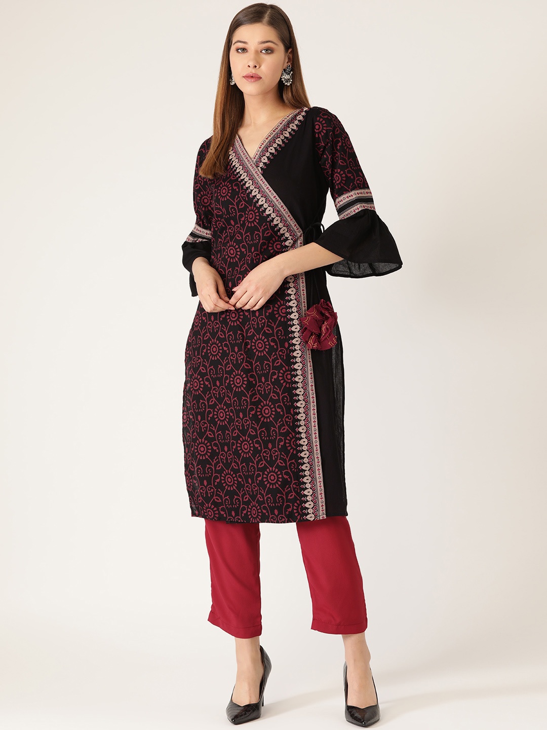 

Rustorange Women Black & Maroon Printed Angrakha Straight Kurta