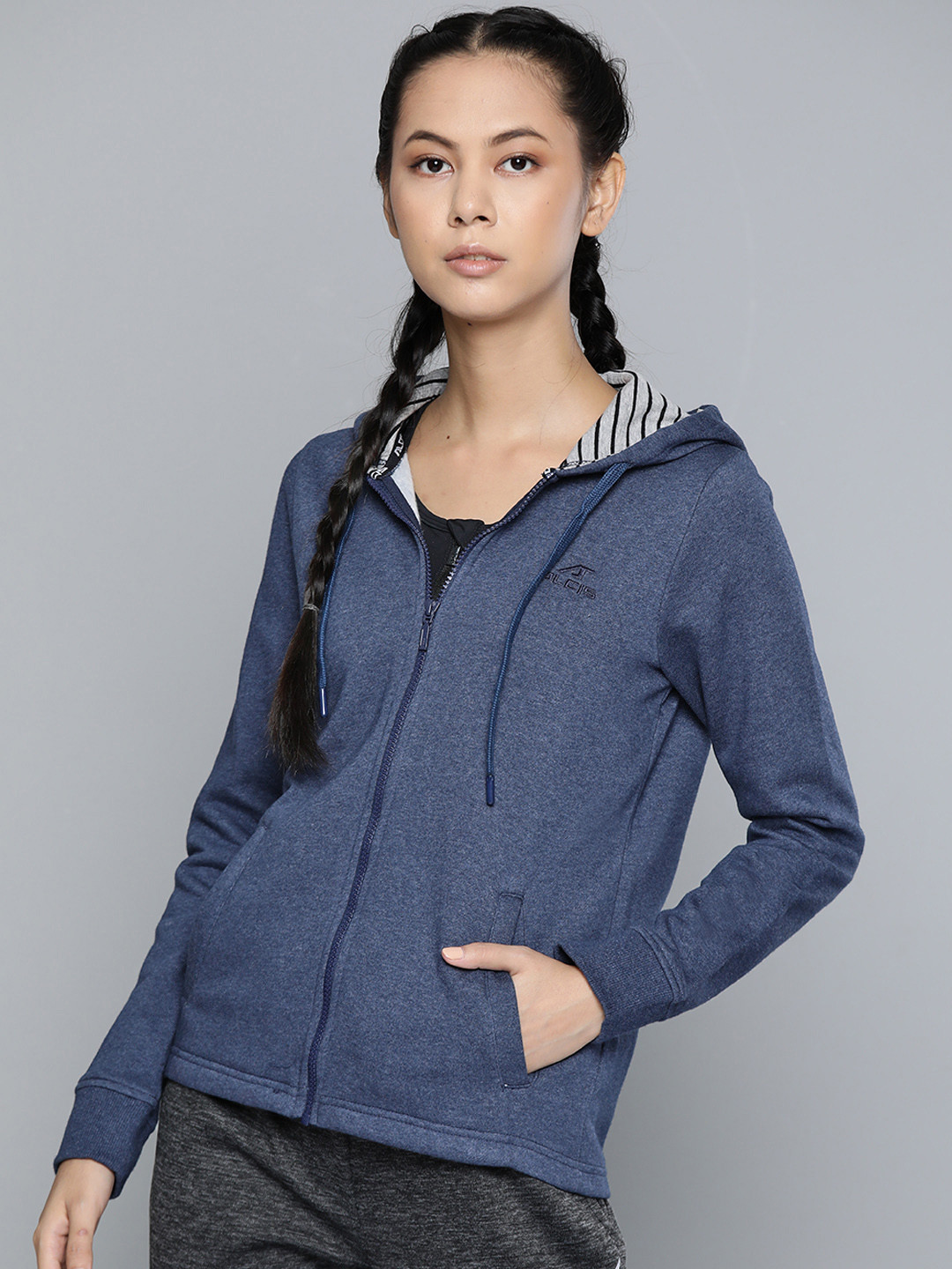 

Alcis Women Navy Blue Solid Melange Effect Hooded Sweatshirt