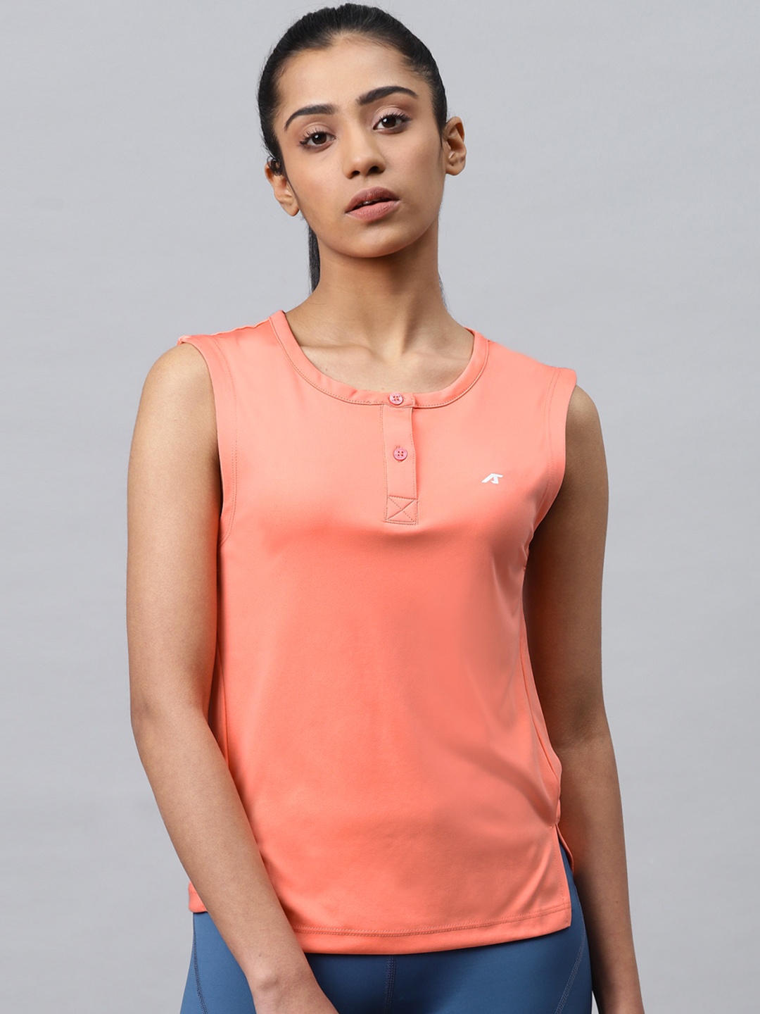 

Alcis Women Peach-Coloured Solid Henley Neck Training T-shirt